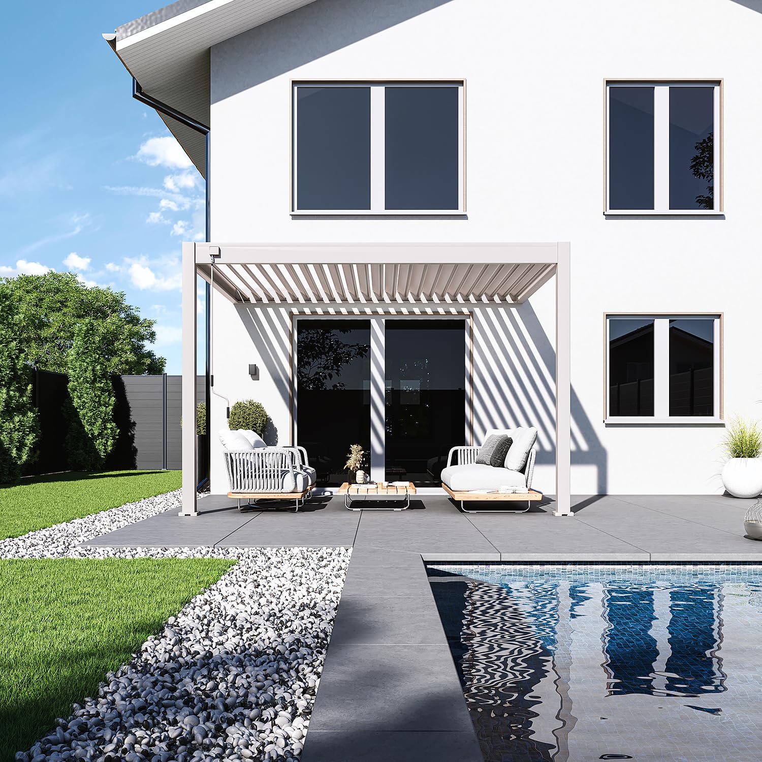 Weide Deluxe Aluminium Pergola mit verstellbarem Lamellendach | Witterungsbeständiger Pavillon für Terrasse & Garten mit Handkurbel und Wasserablauf 3 x 3.6 m Sand