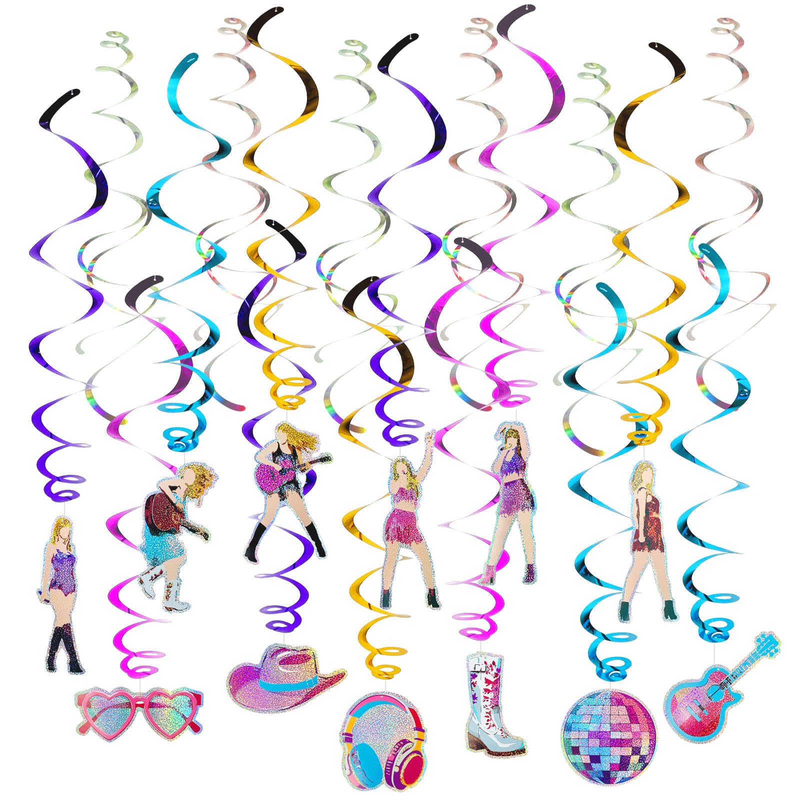 HonuGoGo 36Pcs Colorful Double Swirl Hanging Party Decorations - Includes 18 Foil Swirls & 18 Prismatic Swirls | Perfect for Music Parties, Karaoke Nights, Birthdays, Girls' Night Out, or Stage Decor