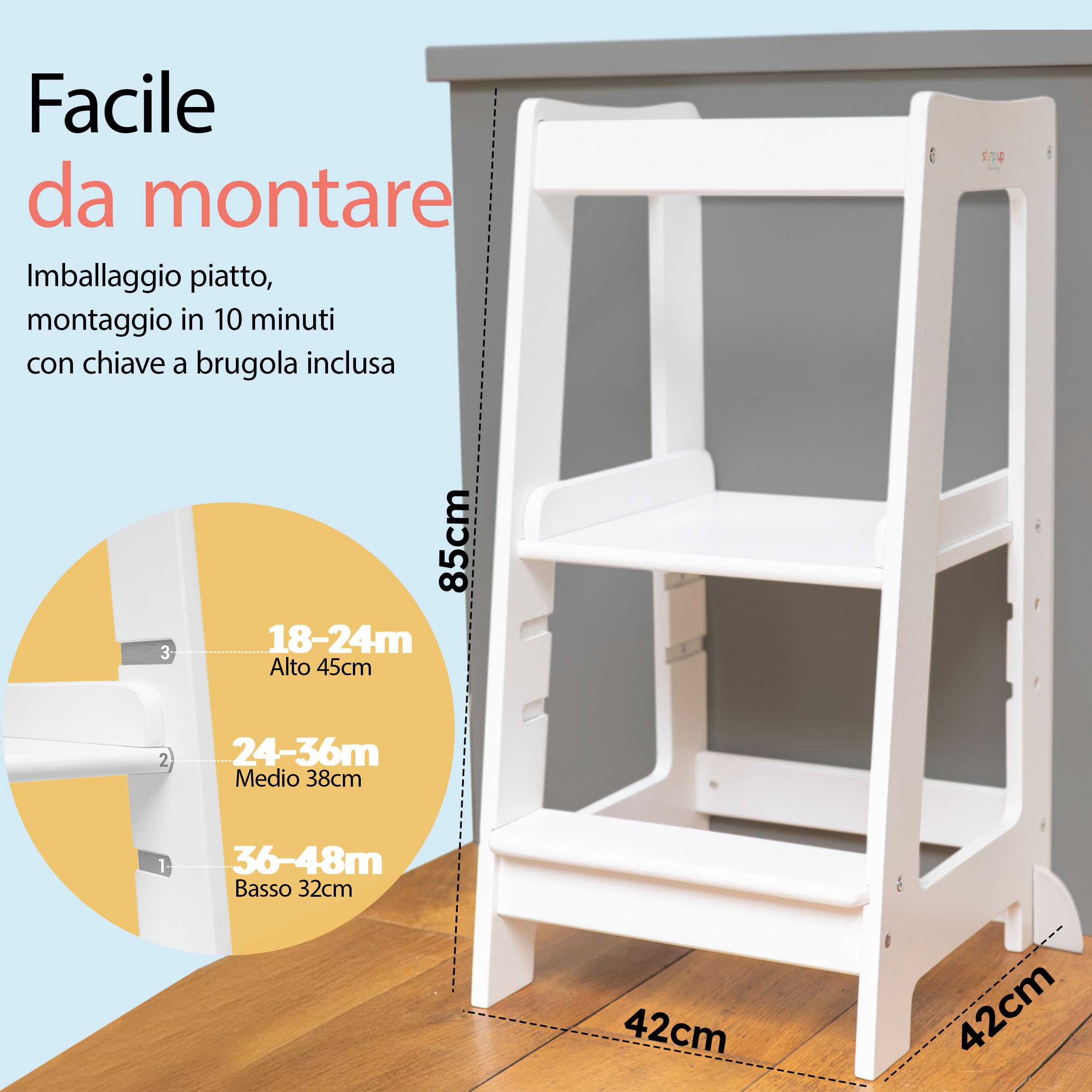 Stepup Baby Torre Montessoriana 3 Altezze Regolabili Torre di Apprendimento Ringhiera Sicurezza Bianco
