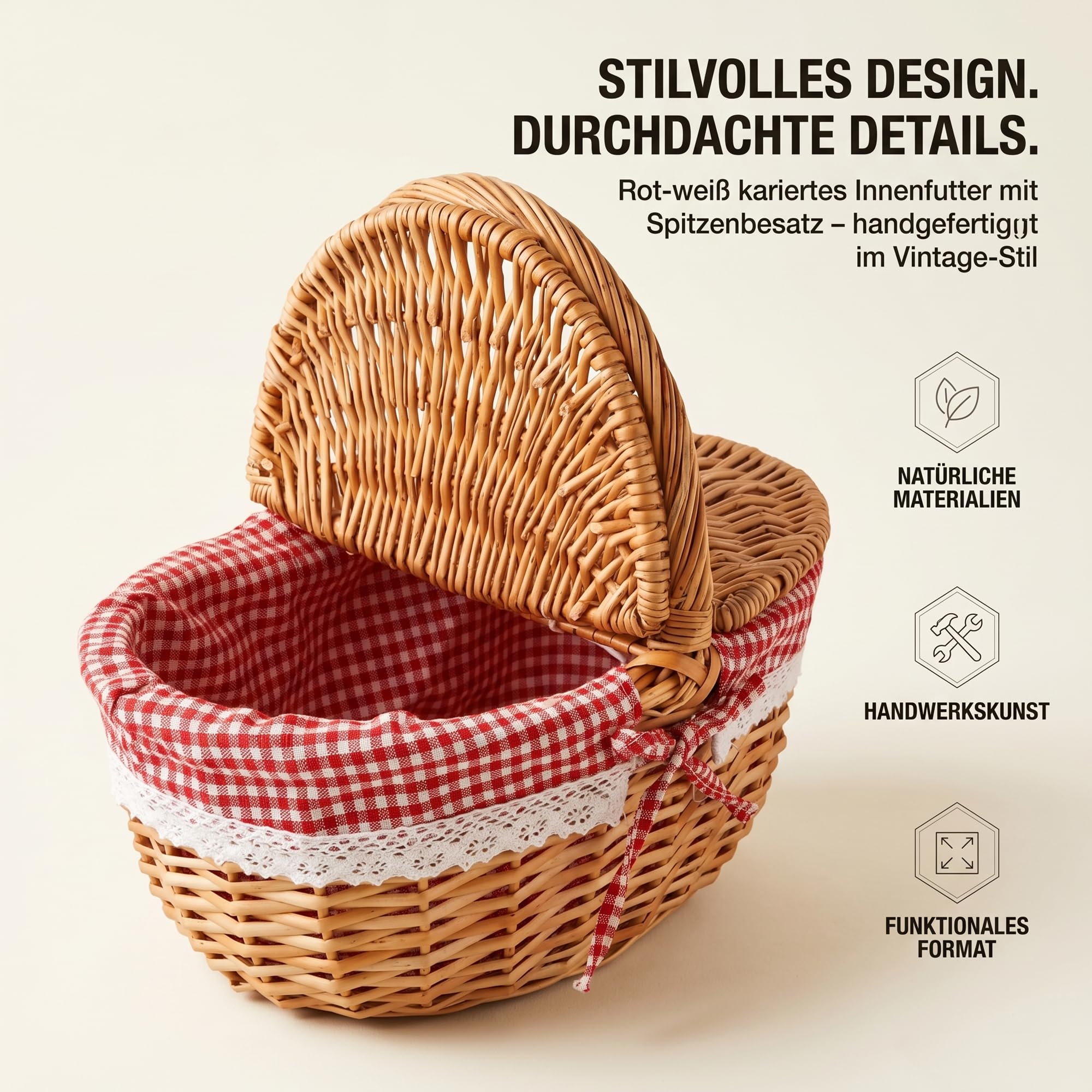 Picknickkorb mit Deckel, großer Weidenkorb mit henkel und Liner,34x23x17cm