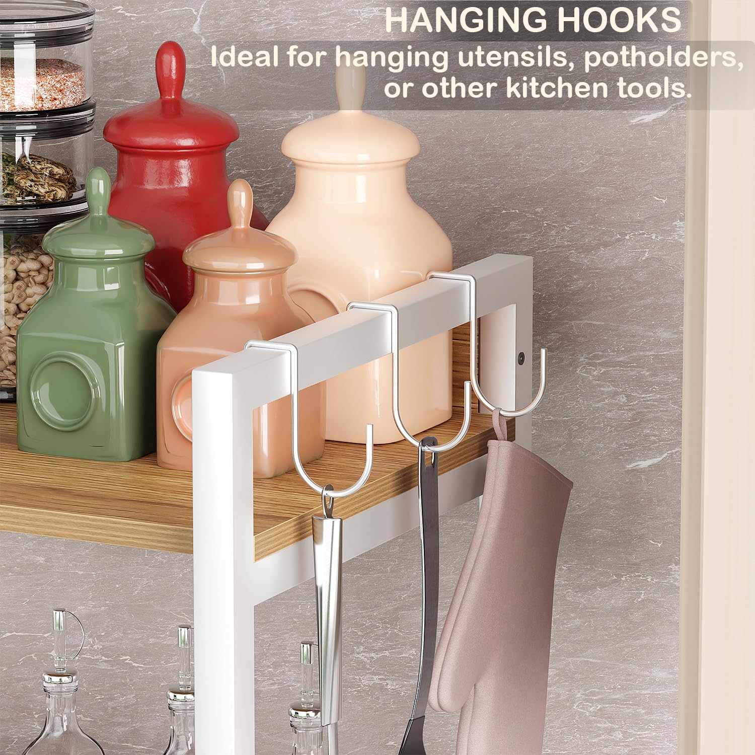 Lukzer | MKR-005 | White | 5-Layer Multipurpose Storage Rack – Heavy-Duty Metal & Wood Shelf Organizer with Hooks & Anti-Slip Footpads for Kitchen, Bedroom, Office & Bathroom | 166 x 60 x 39 cm - Image 5 thumbnail