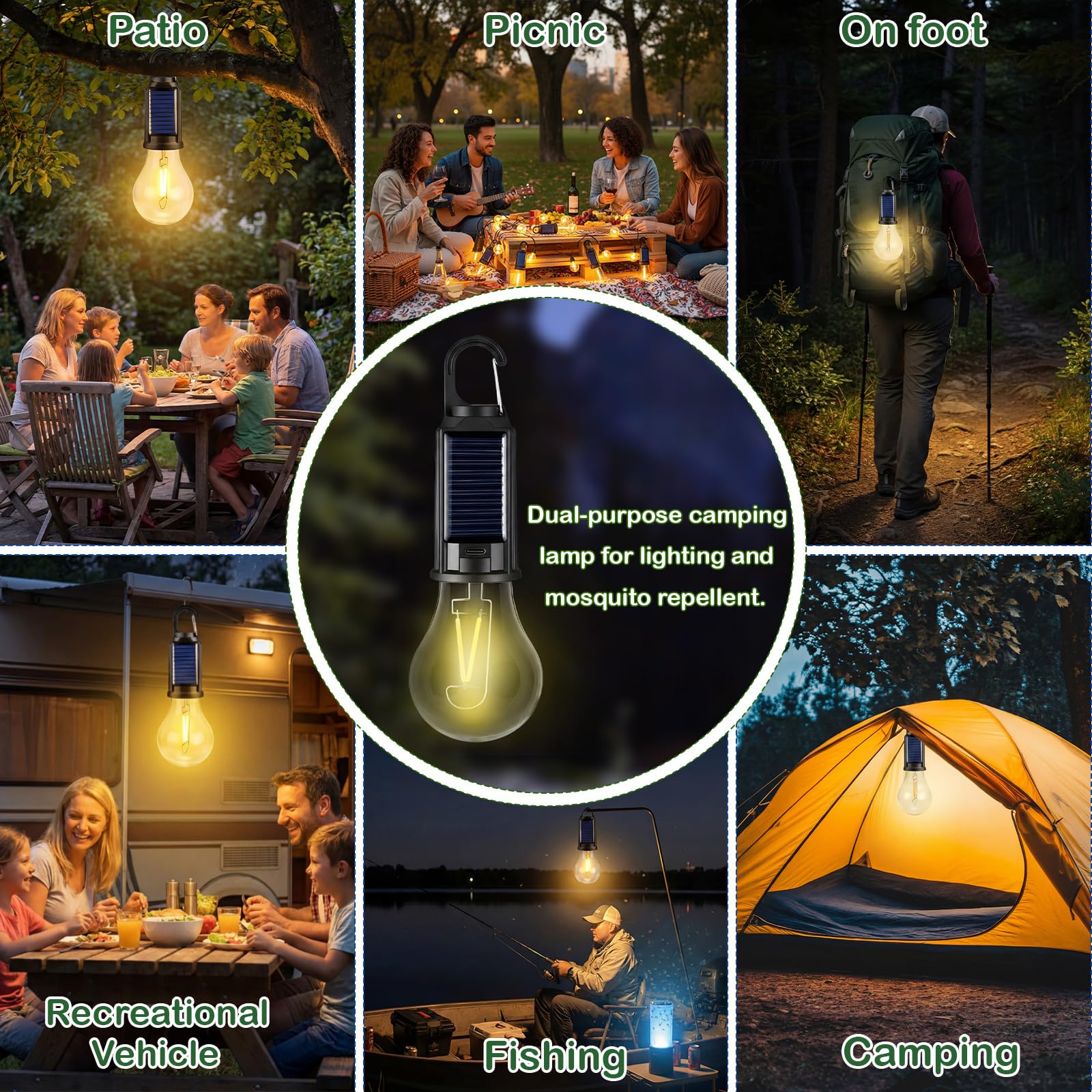 4 lanterne solari da campeggio con luce gialla, lampadina LED ricaricabile per ridurre le zanzare, 3 diverse modalità, luce portatile da appendere con gancio per campeggio, escursionismo