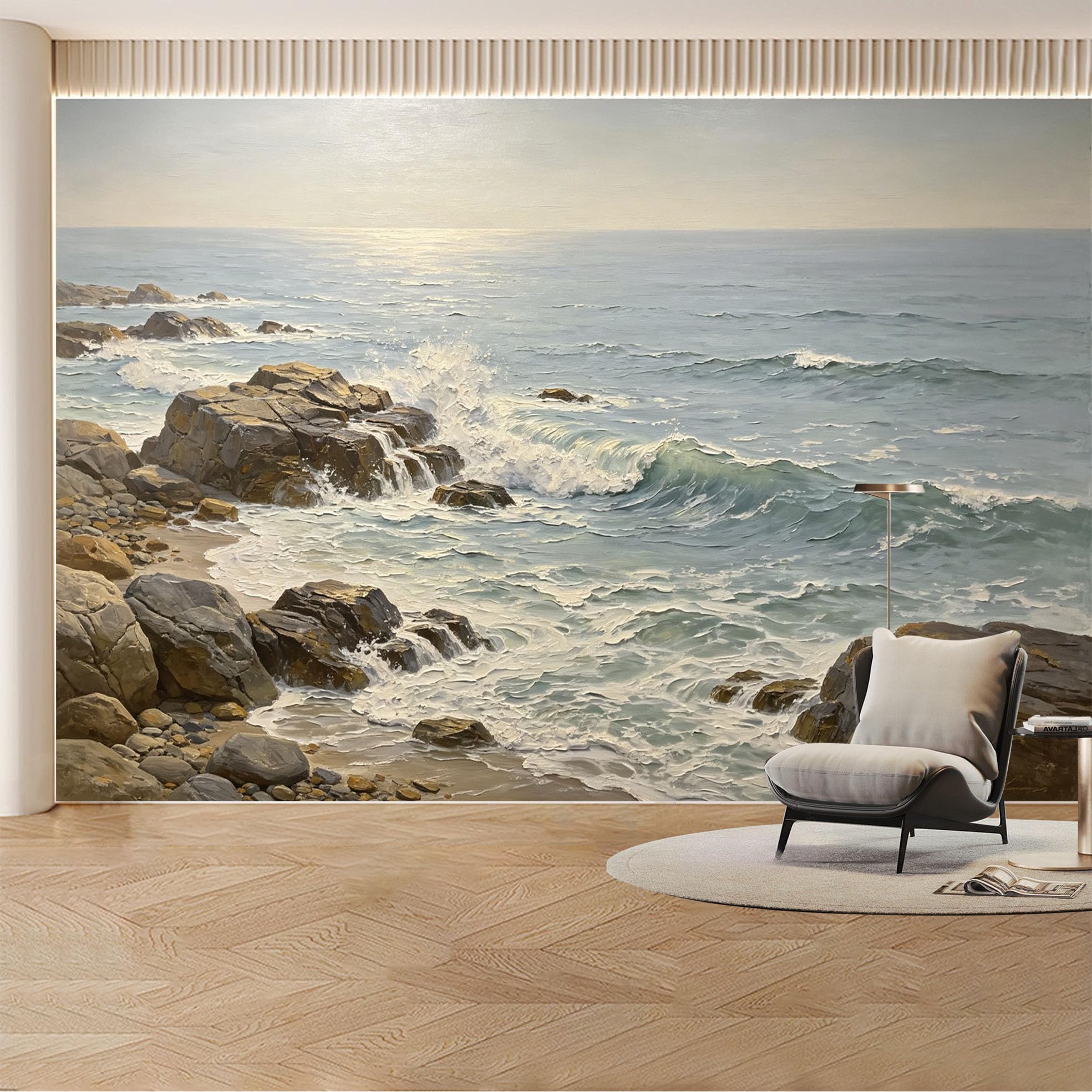 Custom Wall Mural Wallpaper Ocean Wave Rocks Landscape Large Wall Art Nature Modern Mural Design Misty Removable SelfAdhesive Large Photo for Living Room， Bedroom， Office