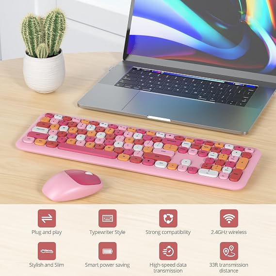 Pembe Renkli Kablosuz Klavye ve Fare Kombo Seti, 2,4 GHz Retro Daktilo Klavye, Numara Pedli Tam Boy Sevimli Klavye, Ev ve Ofis Sessiz Klavyeler (Pembe)
