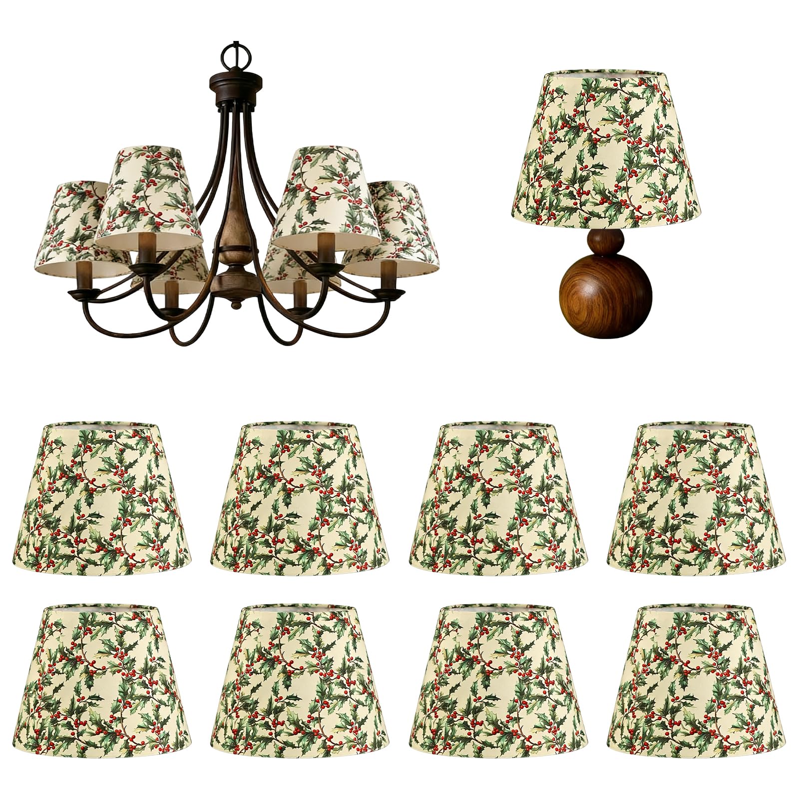 8 sztuk abażurów z klipsem, 5 x 10 x 8 cm, abażury materiałowe, klips, małe nowoczesne abażury do lamp stołowych, żyrandoli i kinkietów, E14/E27, zielony liść jagody