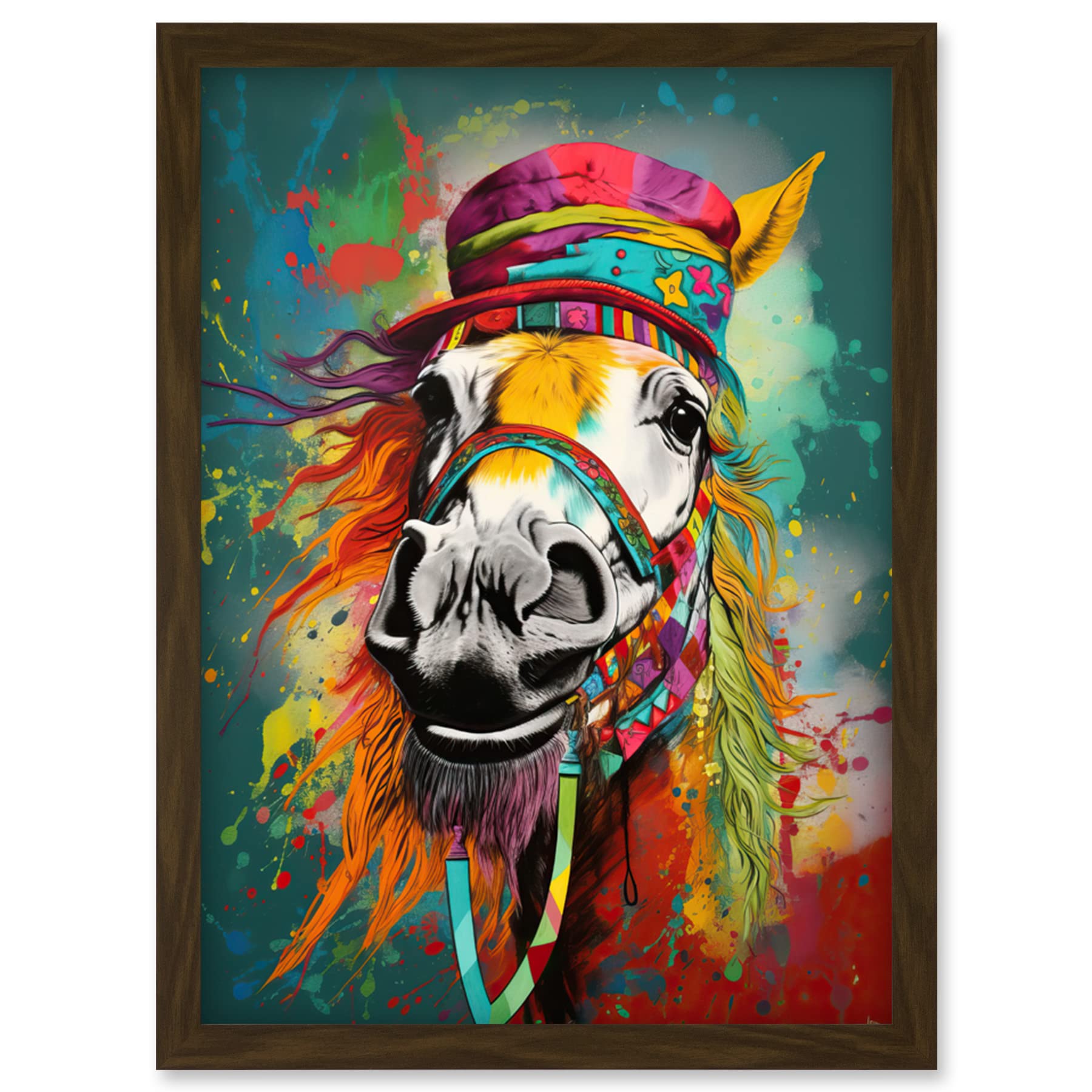 Artery8 Hippie Horse with Multicoloured Hat and Bridles Artwork Framed Wall Art Print A4