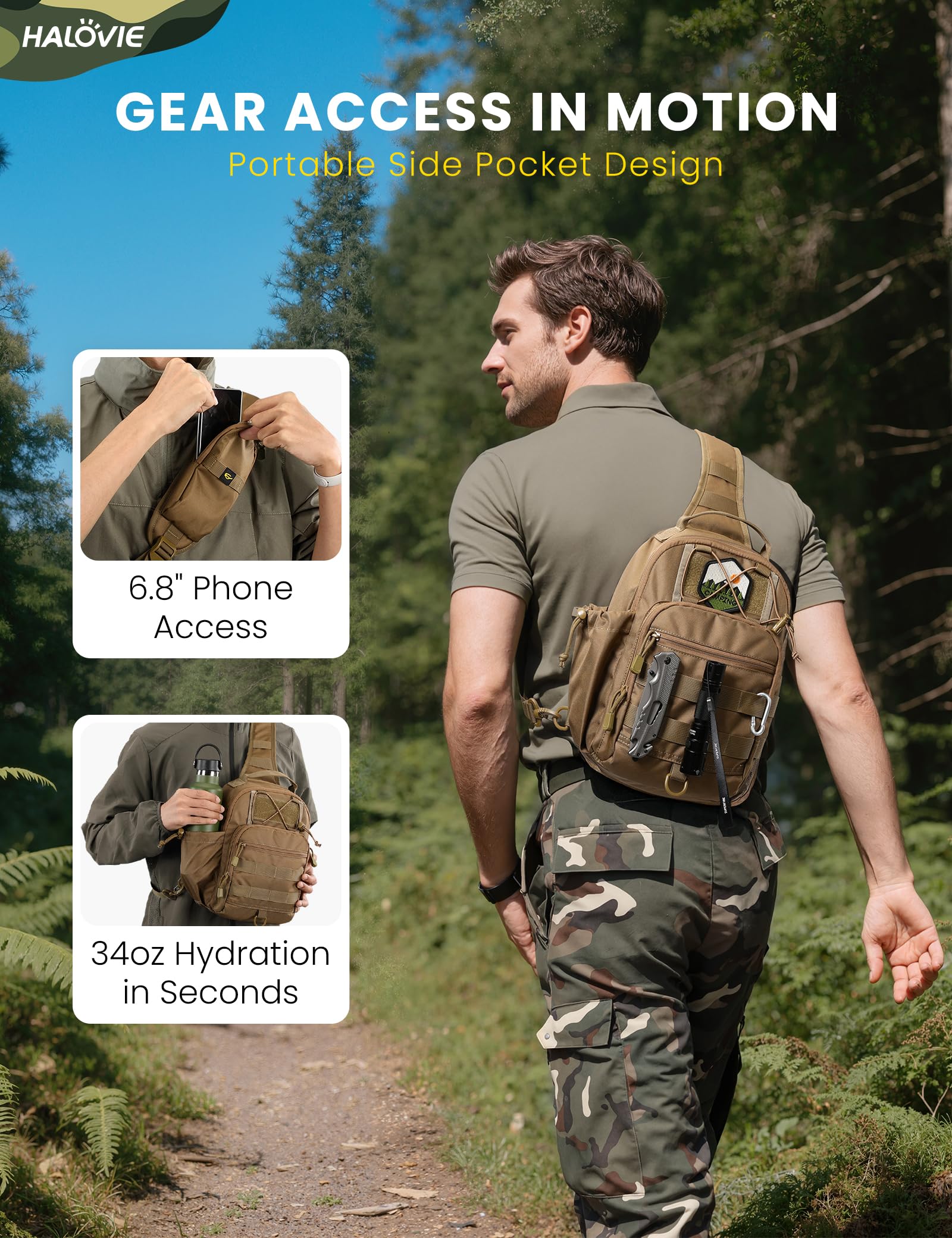 HALOVIE Sac Bandoulière Homme,Sac à Poitrine avec Blocage RFID Sacoche Bandouliere Tactique pour Homme & Femme Sacs à Dos Porté Travers pour Voyage Randonnée Camping Trekking