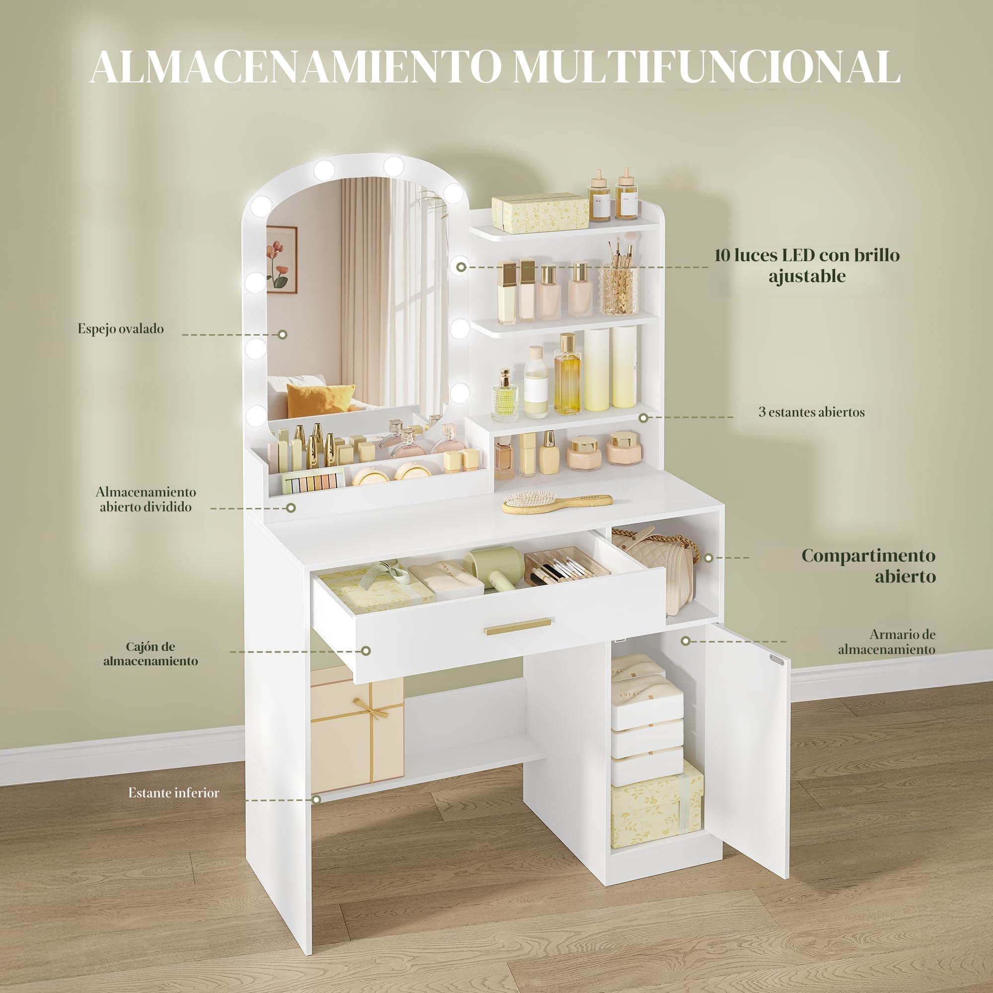 HEXCELEN Tocador con Espejo Ovalado, Mesa de Maquillaje con 10 Luces LED, Tocador de Maquillaje, Brillo Ajustable, 1 Cajón, 1 Armario, 4 Compartimentos Abiertos, Blanco