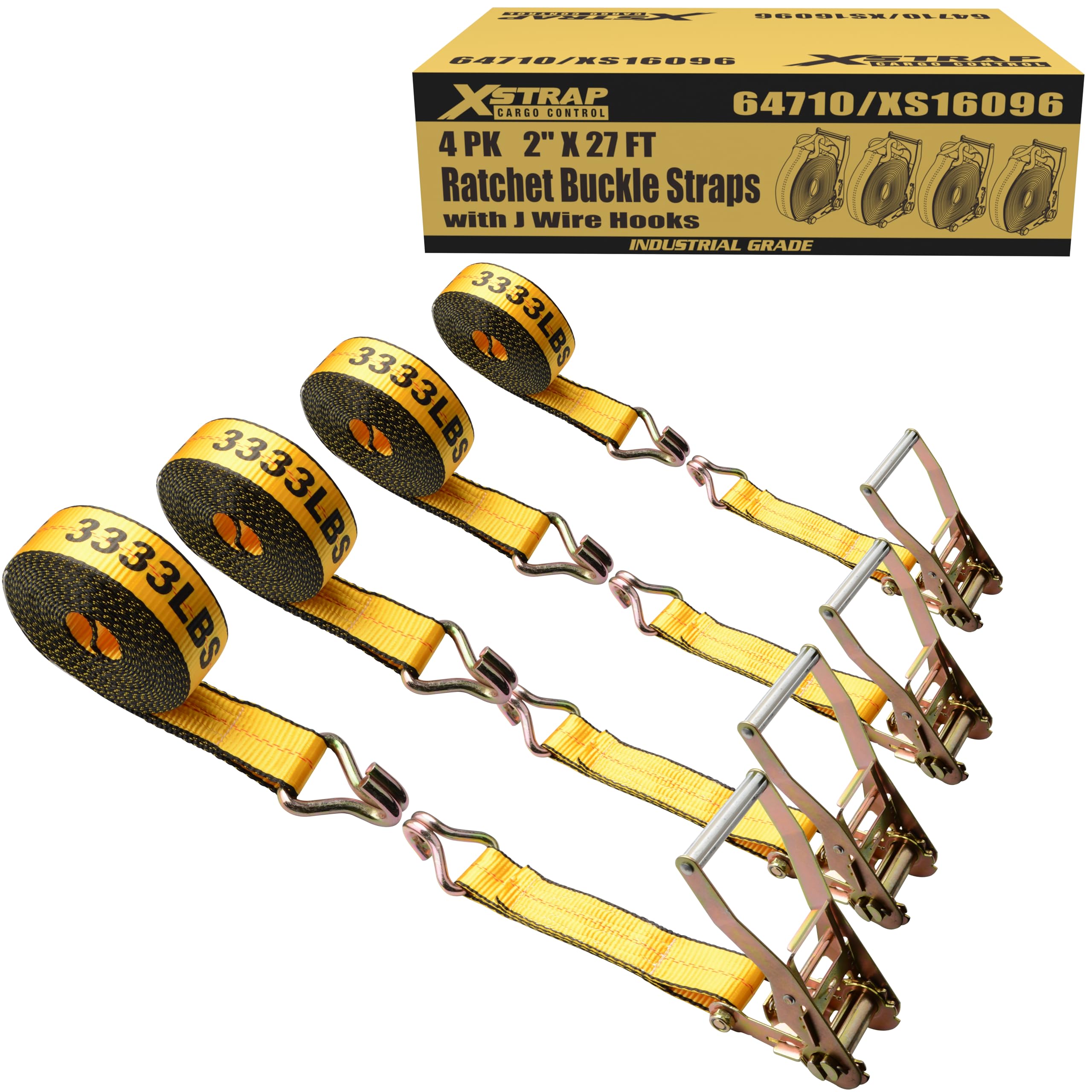 XSTRAP STANDARD Confezione da 4 cinghie industriali da 5,1 cm x 27 ', cinghie a cricchetto resistenti con doppi ganci a J, carico di lavoro 1511,8 kg, resistenza alla rottura 4.535,9 kg, cinghie da
