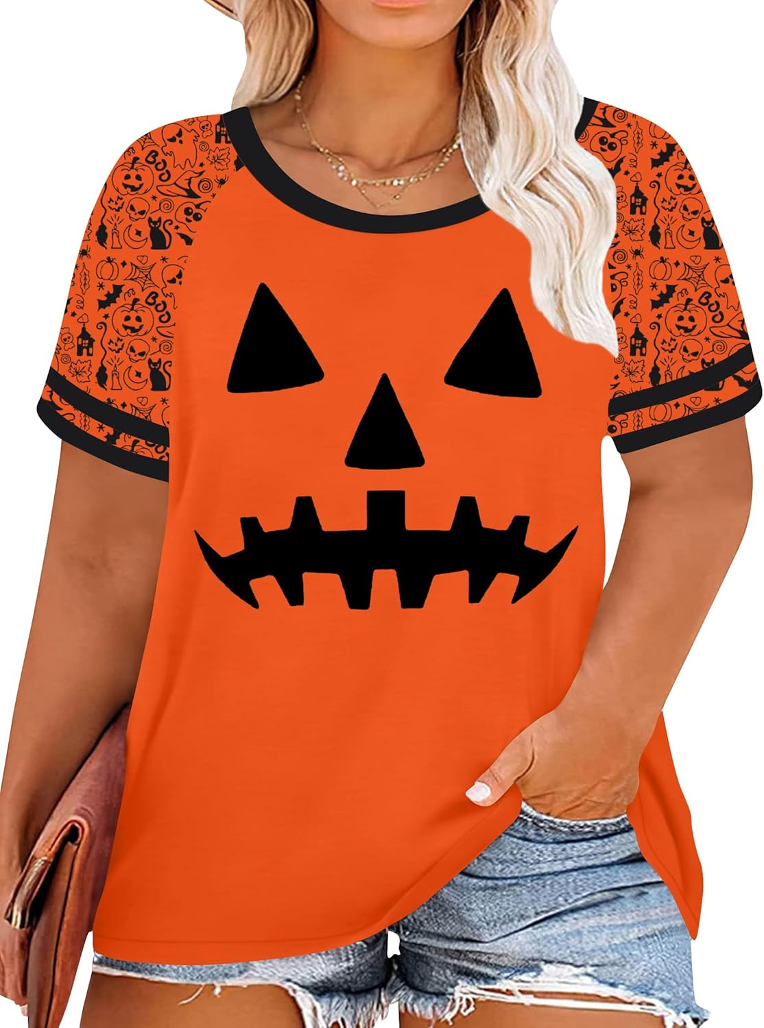 Plus Size Halloween Shirts for Women Pumpkin Graphic Tshirt Fall Casual Short Sleeve Tee Tops