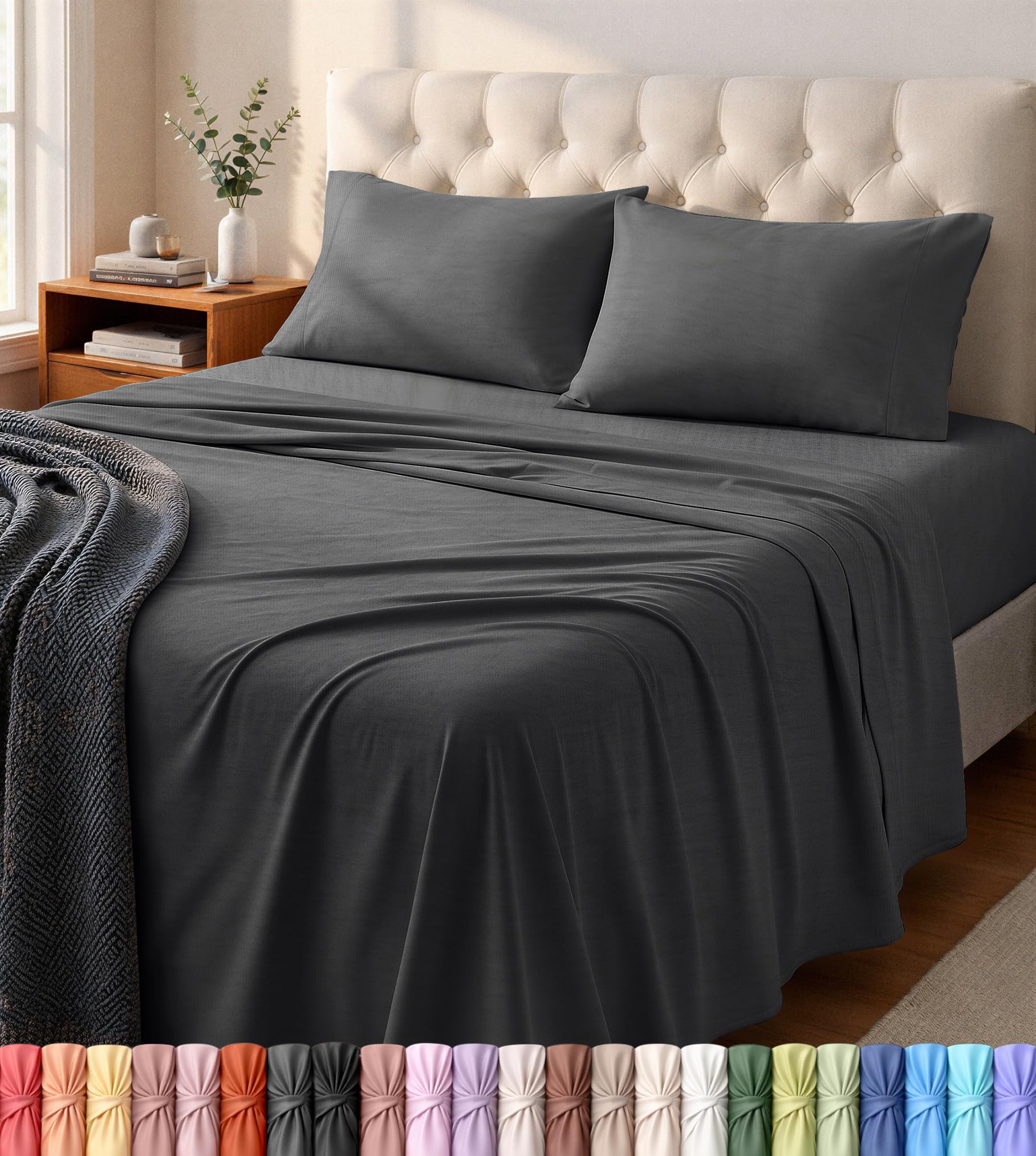 Utopia Bedding King Sheet Set - Jersey Knit Sheets 4 Piece – Cotton – Soft T-Shirt Stretchy Sheets (Heather Dark Grey)