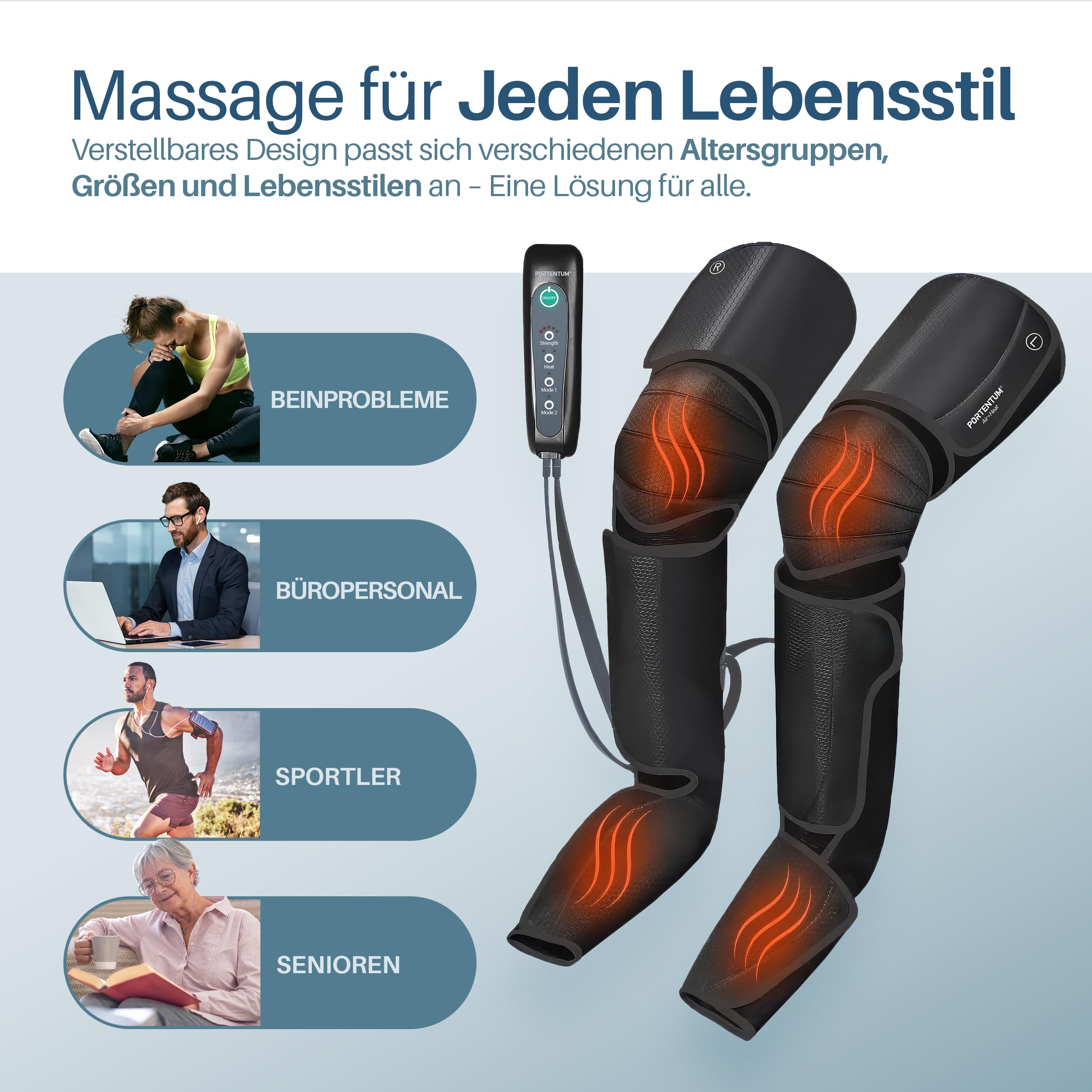 PORTENTUM Lymphdrainage gerät – Bein Massagegerät mit einstellbarer Wärme – 5 Kompressionsstufen – Fernbedienung – lindert müde Beine und fördert die Durchblutung – Transporttasche inklusive