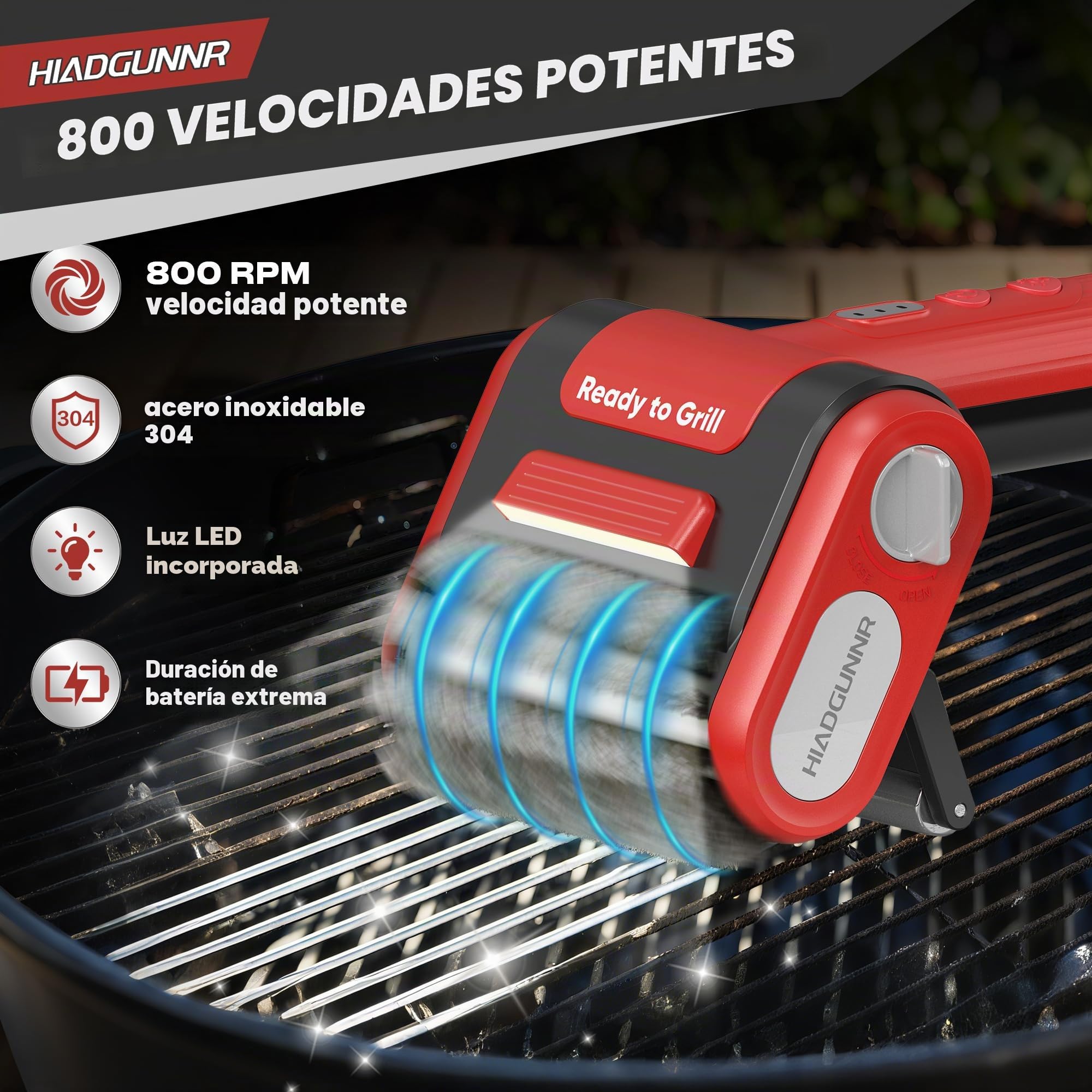 Cepillo eléctrico para parrilla, limpiador de parrilla con luz LED, cerdas de acero inoxidable de 700-800 rpm, cabezal de cepillo extraíble 304, herramienta de limpieza de parrilla recargable