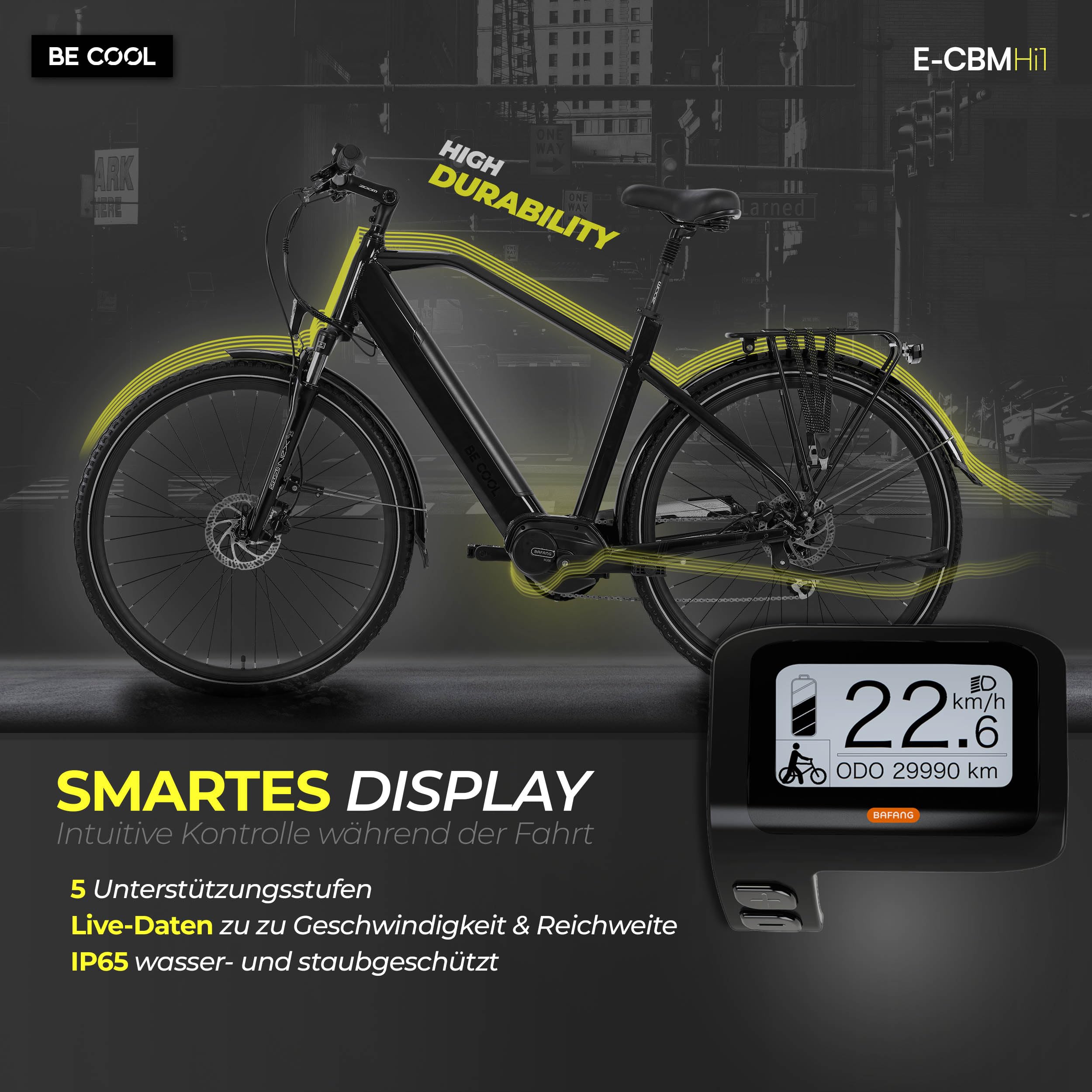 Be Cool eCBM-Hi1 Herren E-Bike 28 Zoll 500Wh 36V 14Ah Samsung Akku, Bafang M200 Mittelmotor 250W 65Nm, Shimano Acera 7-Gang, Hydraulische Scheibenbremsen, City Trekking Pedelec