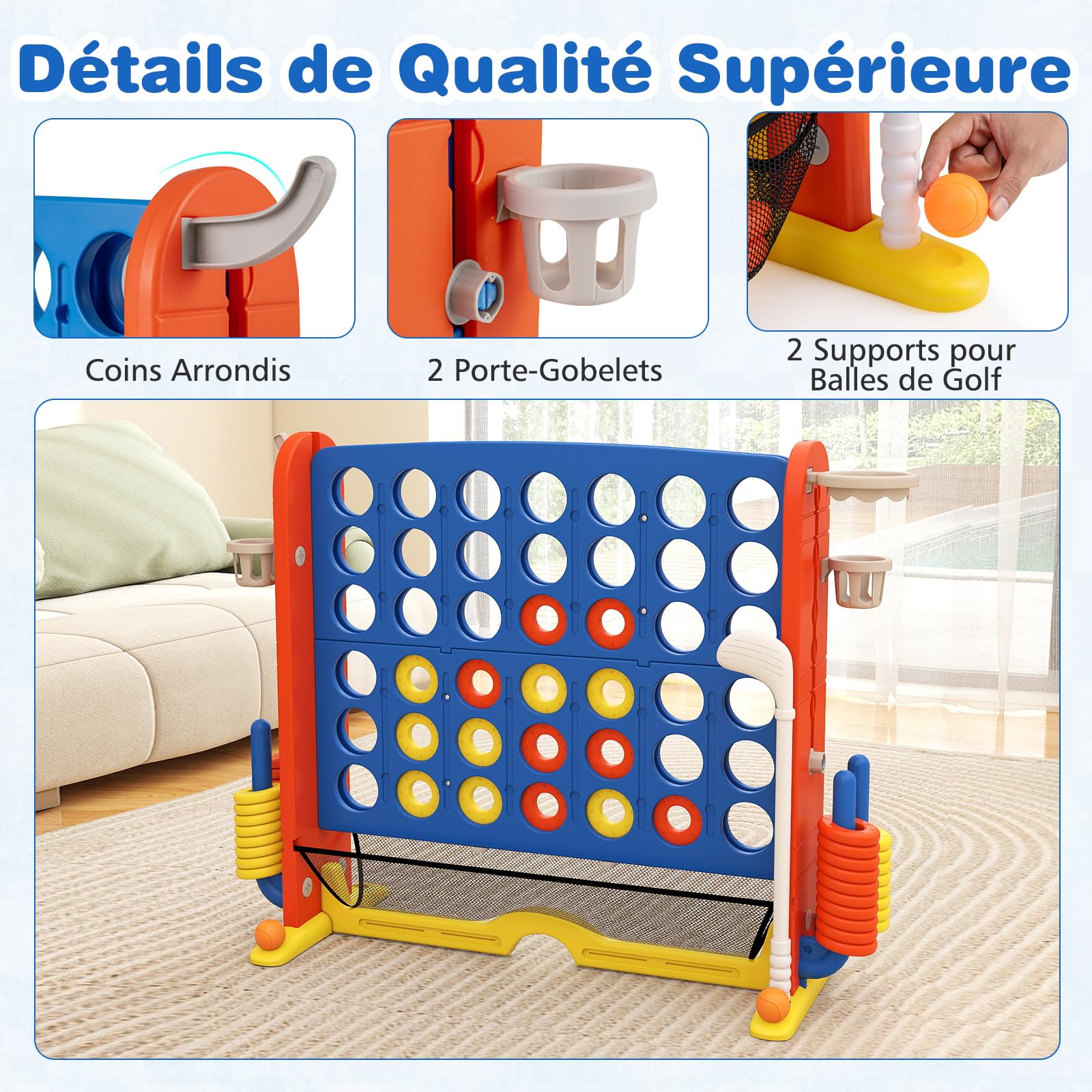 COSTWAY 4 en 1 Jeux Puissance 4 Géant avec 42 Anneaux et Filet, Jeu de Société avec Panier de Basket et Lancer d’Anneaux, Hauteur Réglable, Golf, Porte-gobelets et Sac, Intérieur Extérieur