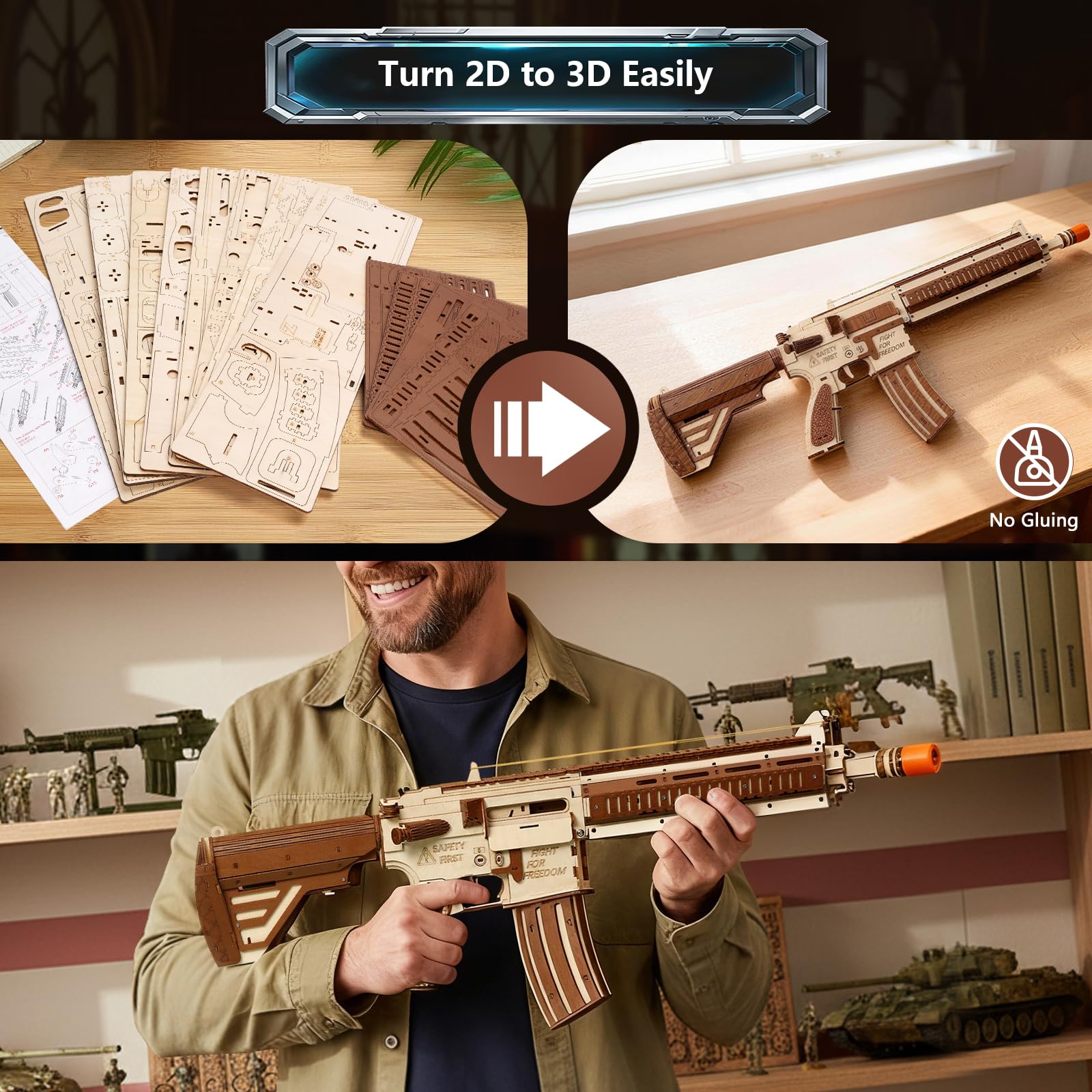 Drewniane puzzle 3D dla dorosłych w wieku od 14 lat, fajne gumki, pistolet, zabawki, zestawy montażowe, DIY, rękodzieło, hobby, urodziny, dla mężczyzn i kobiet, 211 szt