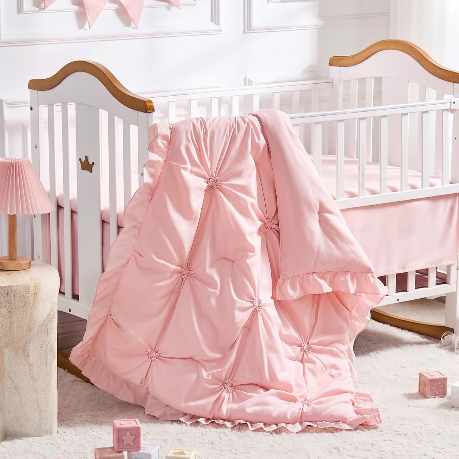 Princess Crib Bedding Set for Girls, 3 Piece Ruffles Jacquard Embroidery Baby Girl Crib Bedding Set Newborn, Infant & Nursery with Quilted Comforter, Crib Fitted Sheet and Crib Skirt, Pink