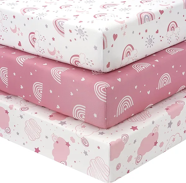 FIEMOL Baby Crib Sheets Girl, 3 Pack Toddler Bed Sheets Fitted for 52”x28” Standard Crib and Toddler Mattresses, Super Soft Microfiber Pink Rainbow