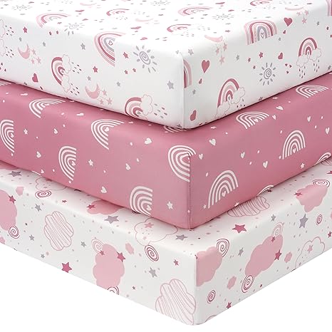 Baby Mini Crib Sheets Girl, Portable 38”x26” Pack and Play Sheets Fitted for Playard and Pack N Play Mattress, 3-Pack Soft Microfiber Pink Rainbow