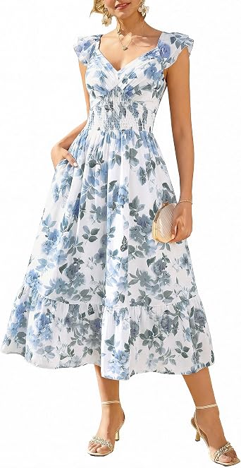 GRACE KARIN Women's Summer Floral Maxi Dress 2026 Ruffle Sleeve Smocked Sundress Flowy Wedding Guest Long Dresses with Pocket