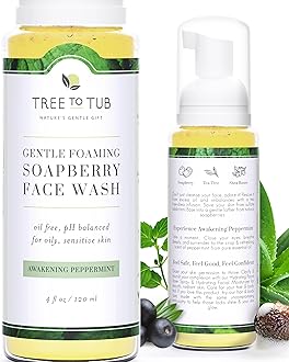 Tree To Tub Gentle, Acne Face Wash for Oily Skin. The Only pH 5.5 Balanced Peppermint Foaming Cleanser for Sensitive Skin – Women and Mens Face Wash Made with Organic Wild Soapberries, 4 oz—