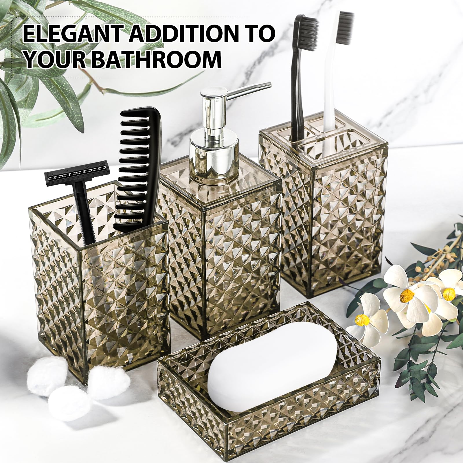 RYTOXILO Juego de accesorios de baño, 4 unidades de accesorios de baño acrílicos marrones, dispensador de jabón de diamante y soporte para cepillo de dientes, juego de fregadero de baño, decoración