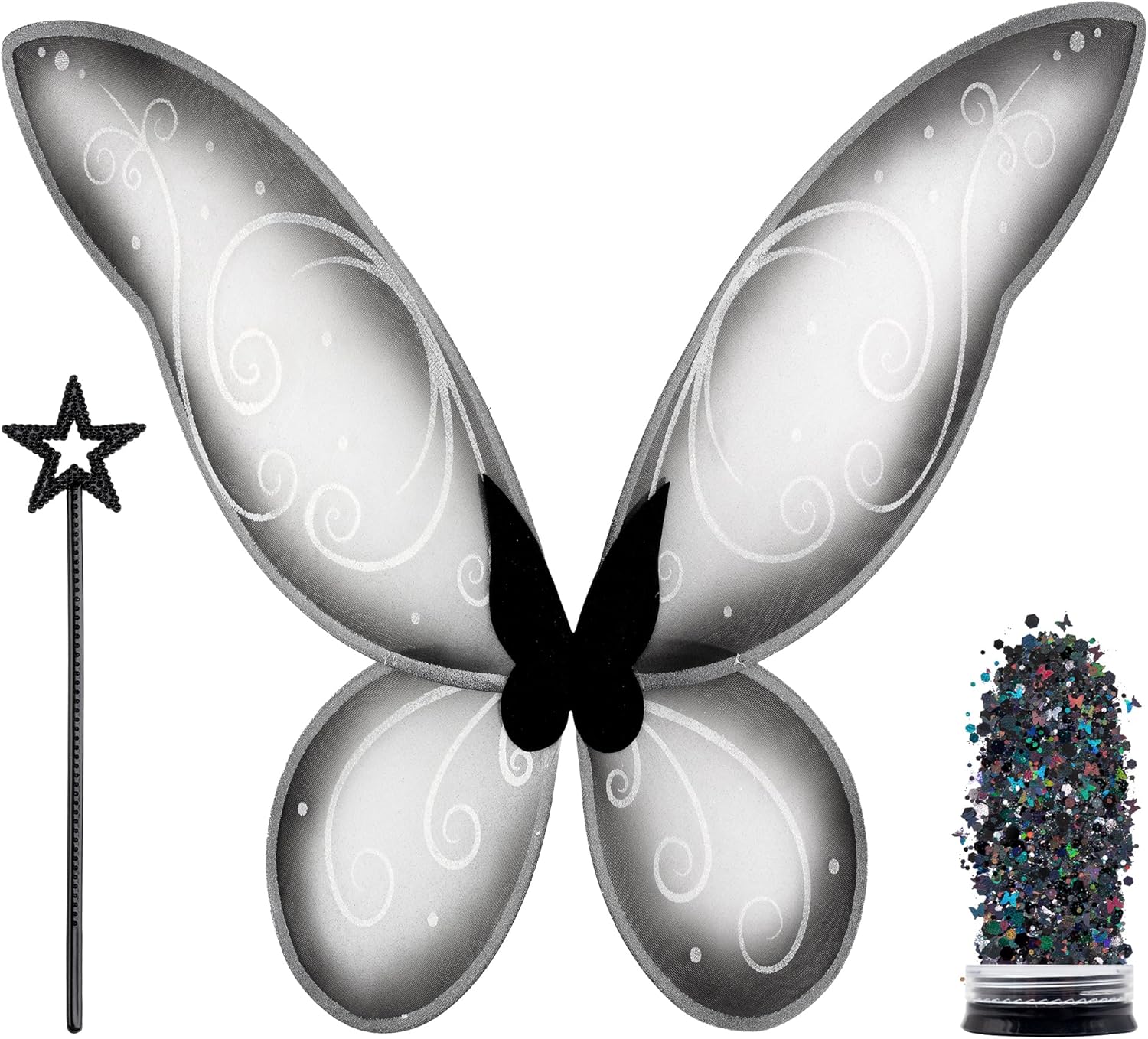 funcredible black fairy wings, fairy wand and glitter - fairy costume accessories - fairy costume for women and girls - fairy accessories cosplay