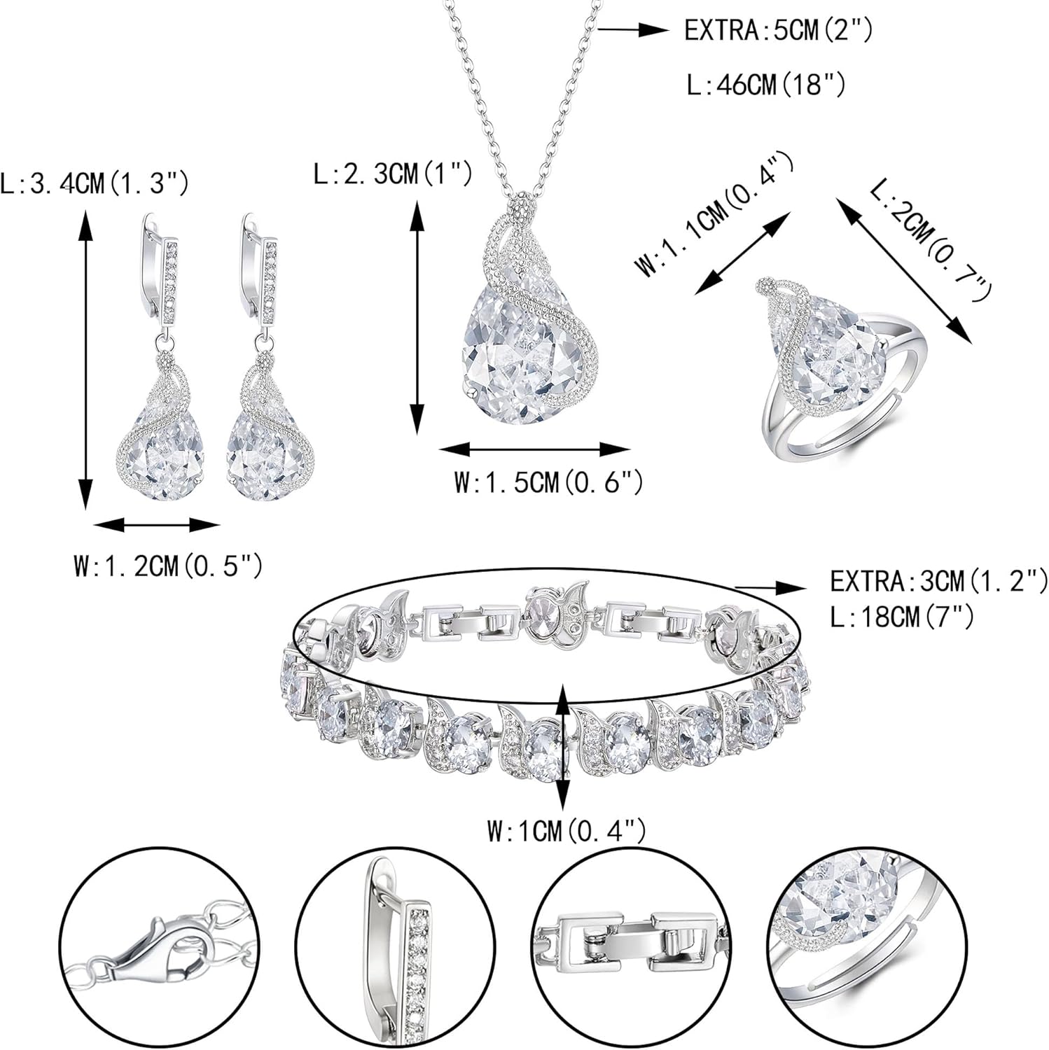 EVER FAITH Wedding Jewelry Set for Bride Bridesmaid, Glamour Teardrop Cubic Zirconia Pendant Necklace Earrings Tennis Bracelet Open Ring Sets for Birthday/Valentine's Day/Mother's Day/Christmas - Image 7
