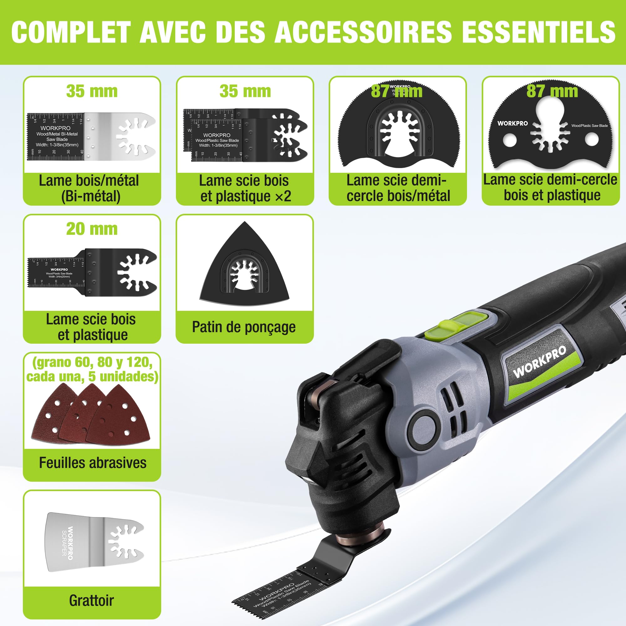 WORKPRO Outil Multifonction Oscillant 400 W, 6 Vitesses Réglables, 23 Accessoires, Angle d'Oscillation 3,5°, pour Sciage, Grattage, Sablage, Façonnage, Polissage, Coupe