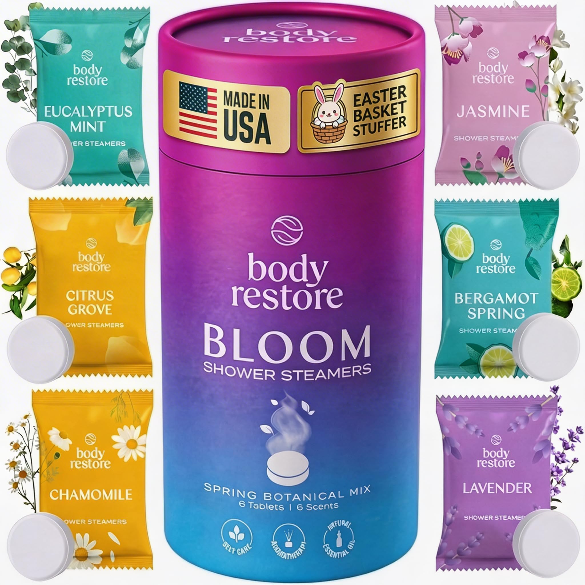 Body Restore Shower Steamers Aromatherapy 6 Pack – Easter Basket Stuffers, Easter & Birthday Gifts for Women & Men, Girls & Boys, Stress Relief & Relaxation Self Care – Bloom