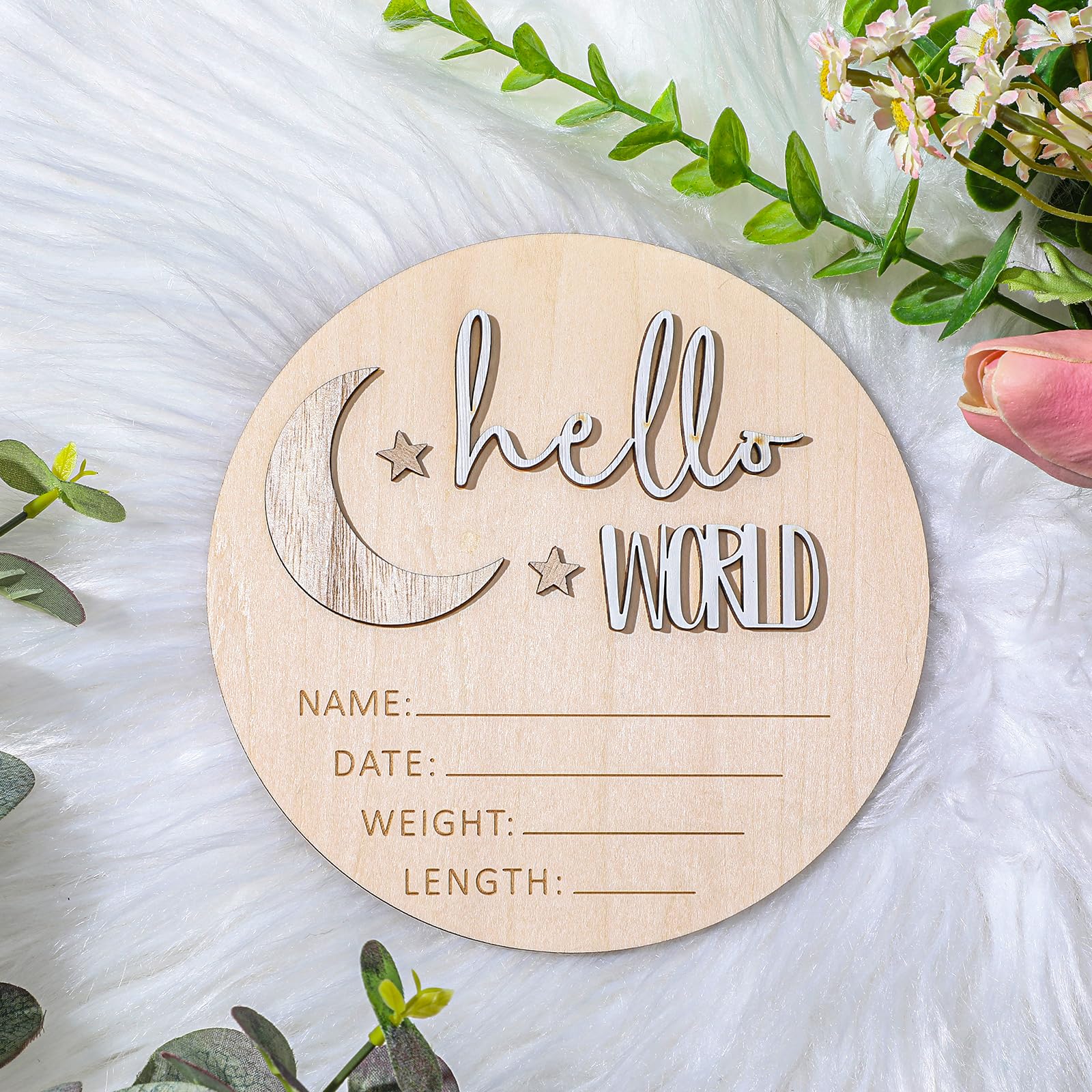 Giantree Baby Announcement Sign, Wooden, 15x14.7cm/5.9x5.78inch, 'Hello World', Rustic, Round, Stars, Name Sign for Baby Shower, Nursery Decor, Newborn Gift