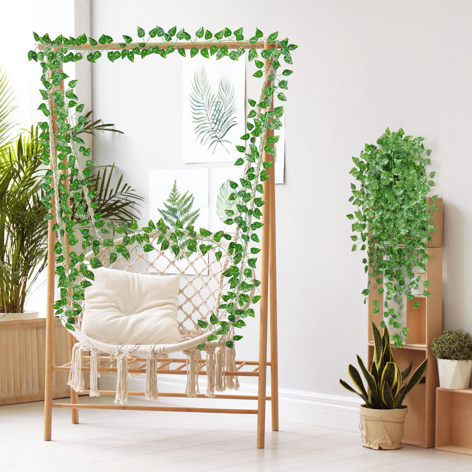 SHUOHONG 2 stuks kunstplanten voor buiten, klimop, kunstklimop, voor binnen, kunstplanten, kunstbladeren voor decoratie voor keuken, terras, schommel, bruiloft, feest, kerstdecoratie (groen
