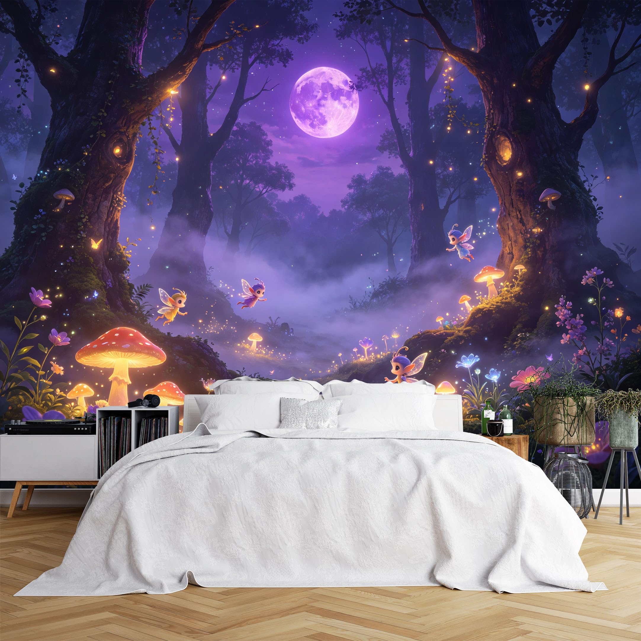 Custom Size Wall Murals Enchanted Purple Forest with Fairies and Glowing Mushrooms, Full Wall Self-Adhesive Wall Fabric (NO PVC) Removable Wallpaper for Living Room, Kids Room