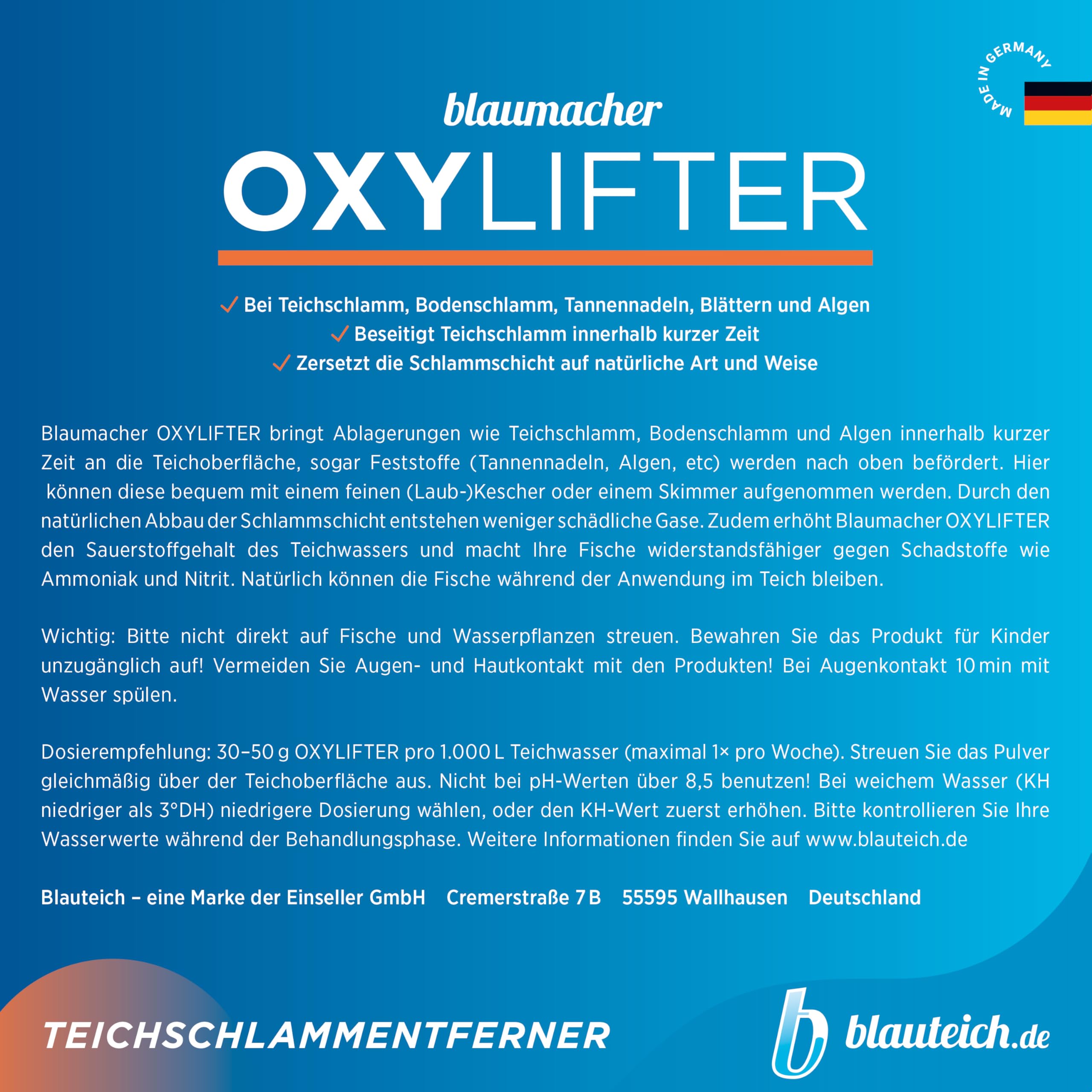 blaumacher OXYLIFTER Teichschlammentferner zur Teich Reinigung von Laub, Teich Schlamm und Ablagerungen (1 kg)