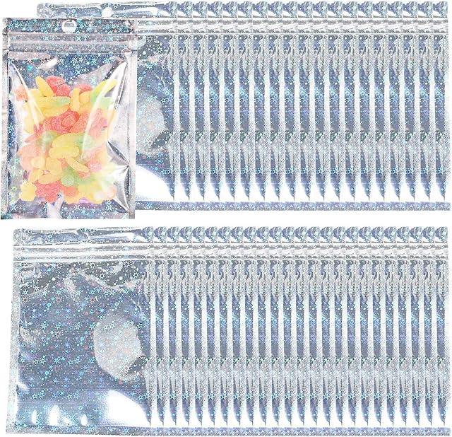50 PCS Self Sealing Cookie Bags, Foil Ziplock Bags Wax Melts Packaging Jewellery Mylar Bags Sweet Packaging Foil Pouch Resealable Packaging Bags Holographic Pouches for Candy Biscuits (10*15cm)