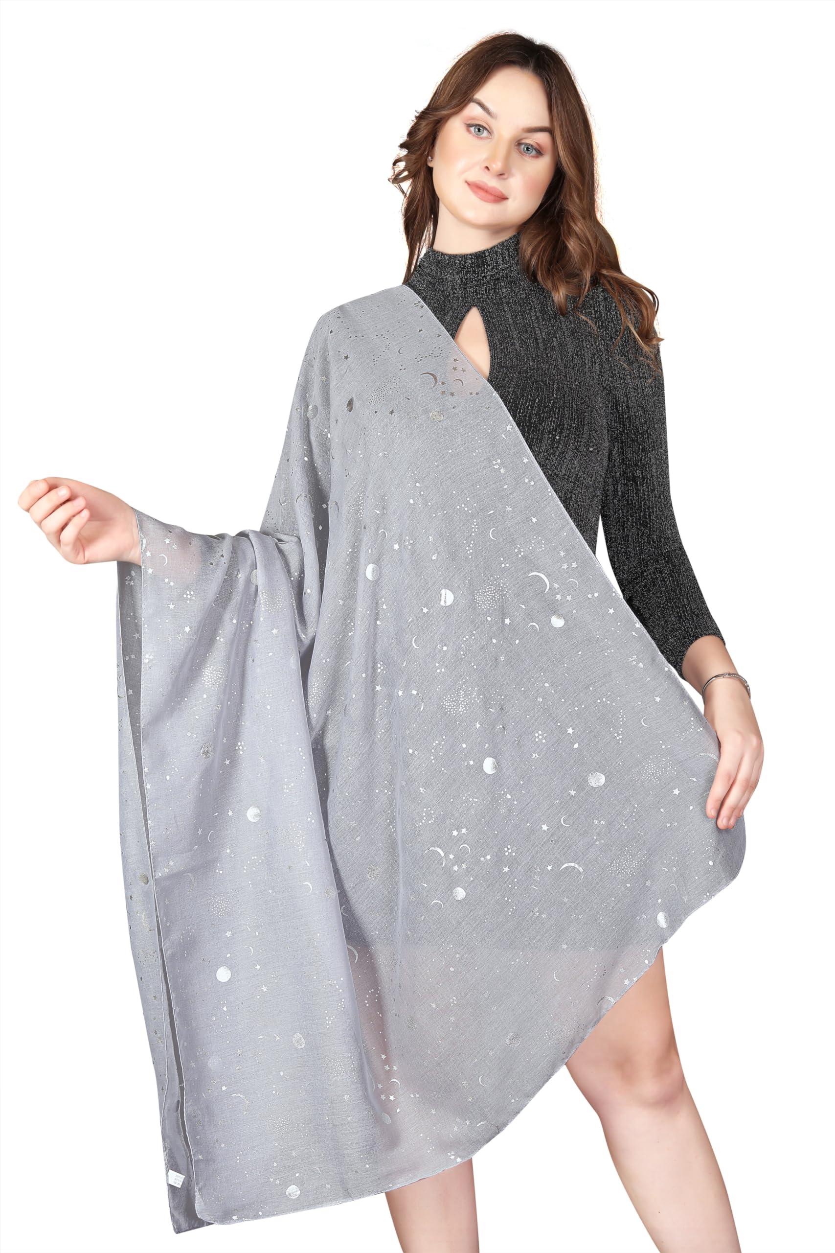 London Scarfs Women's Light Silver Silver Gold Glitters Shimmer Foil Stars Scarf Shawl Wrap (Light Silver)