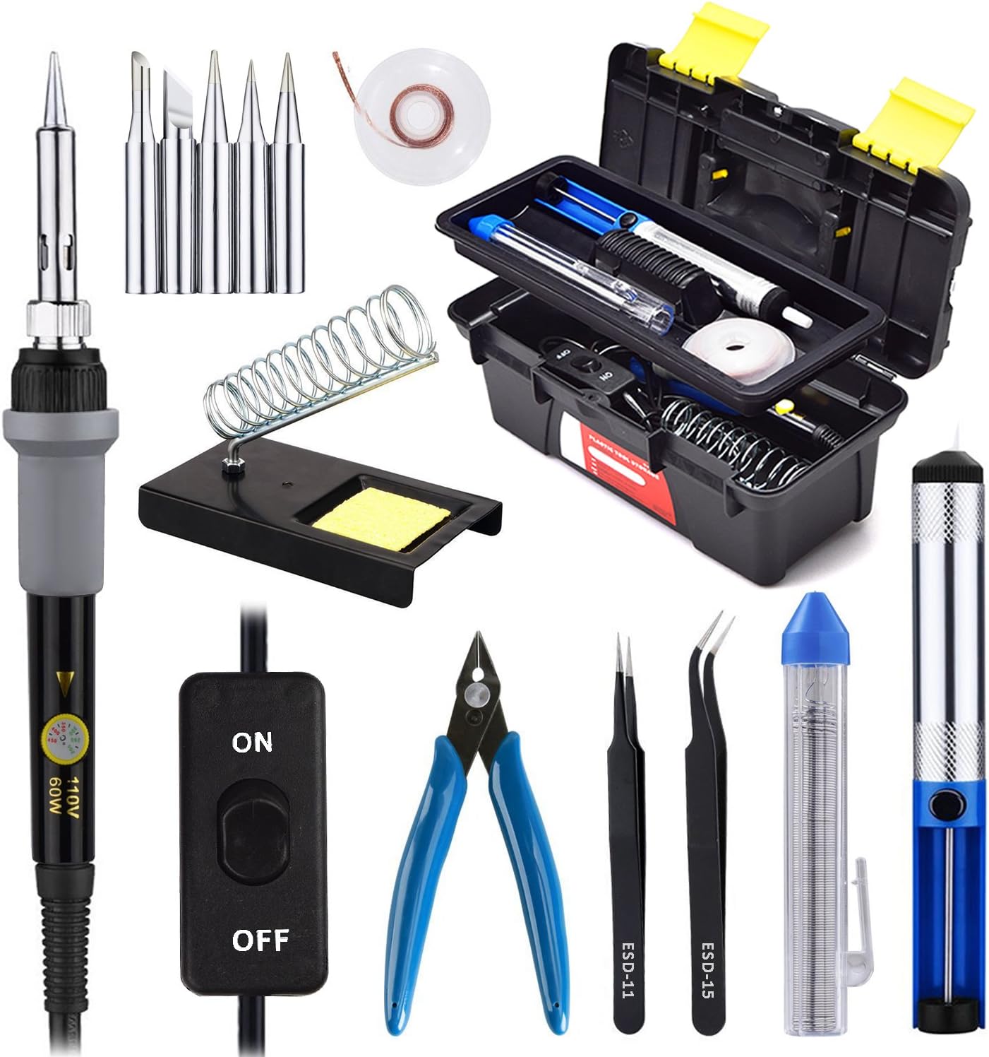 Soldering Iron Kit with On/Off Switch 60W 110V Adjustable Temperature Welding Soldering Iron, 5pcs Tips, Solder Sucker, Solder Wire, Tweezers, Desoldering Wick, Iron Stand and Sponge with Tool Case