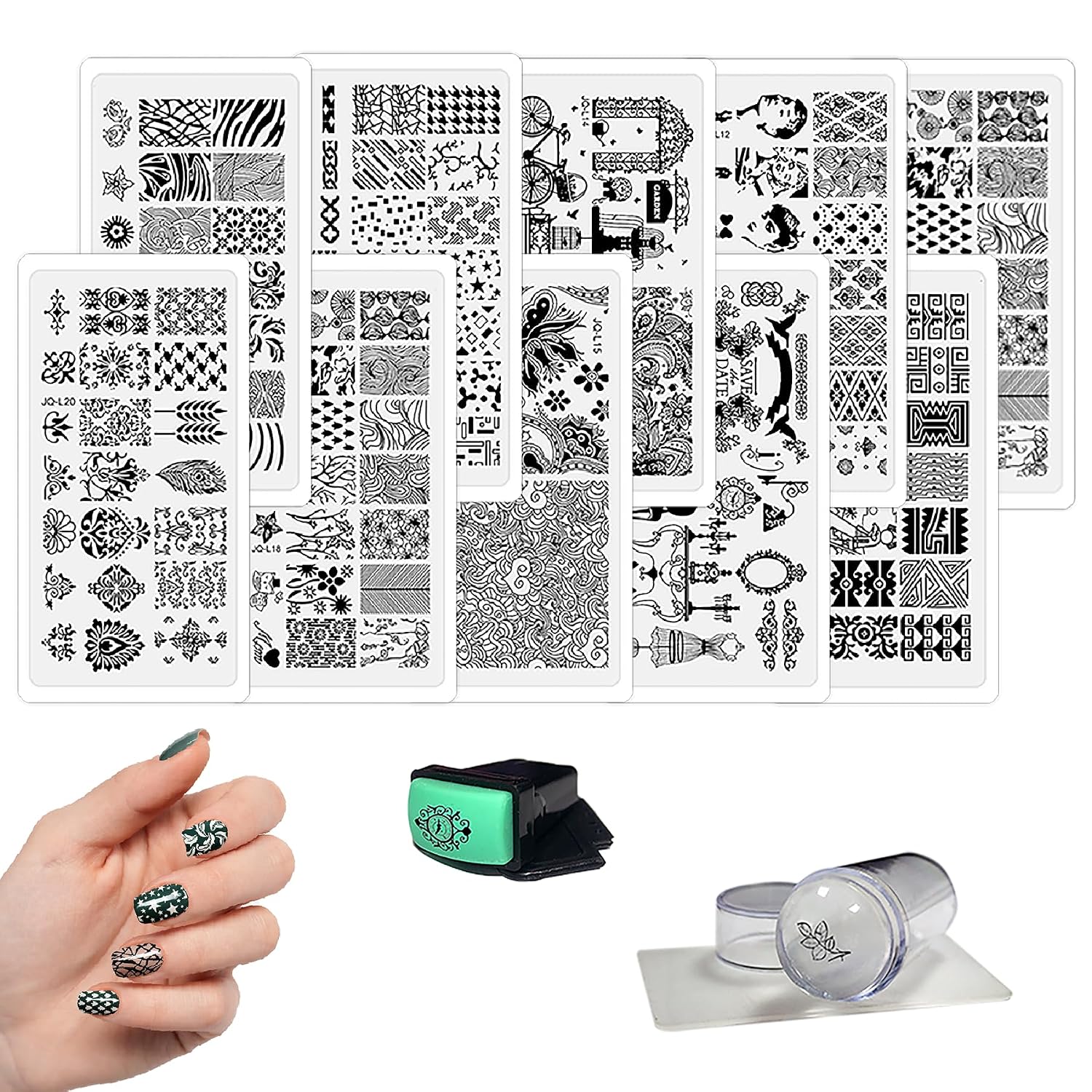 Beauty Leader 10 Nail Plates Mix Designs Nail Art Image Stamp Stamping Plates Manicure Template Nail Art Tools +2 Pcs Stamper DIY Stamping Plate(11-20)