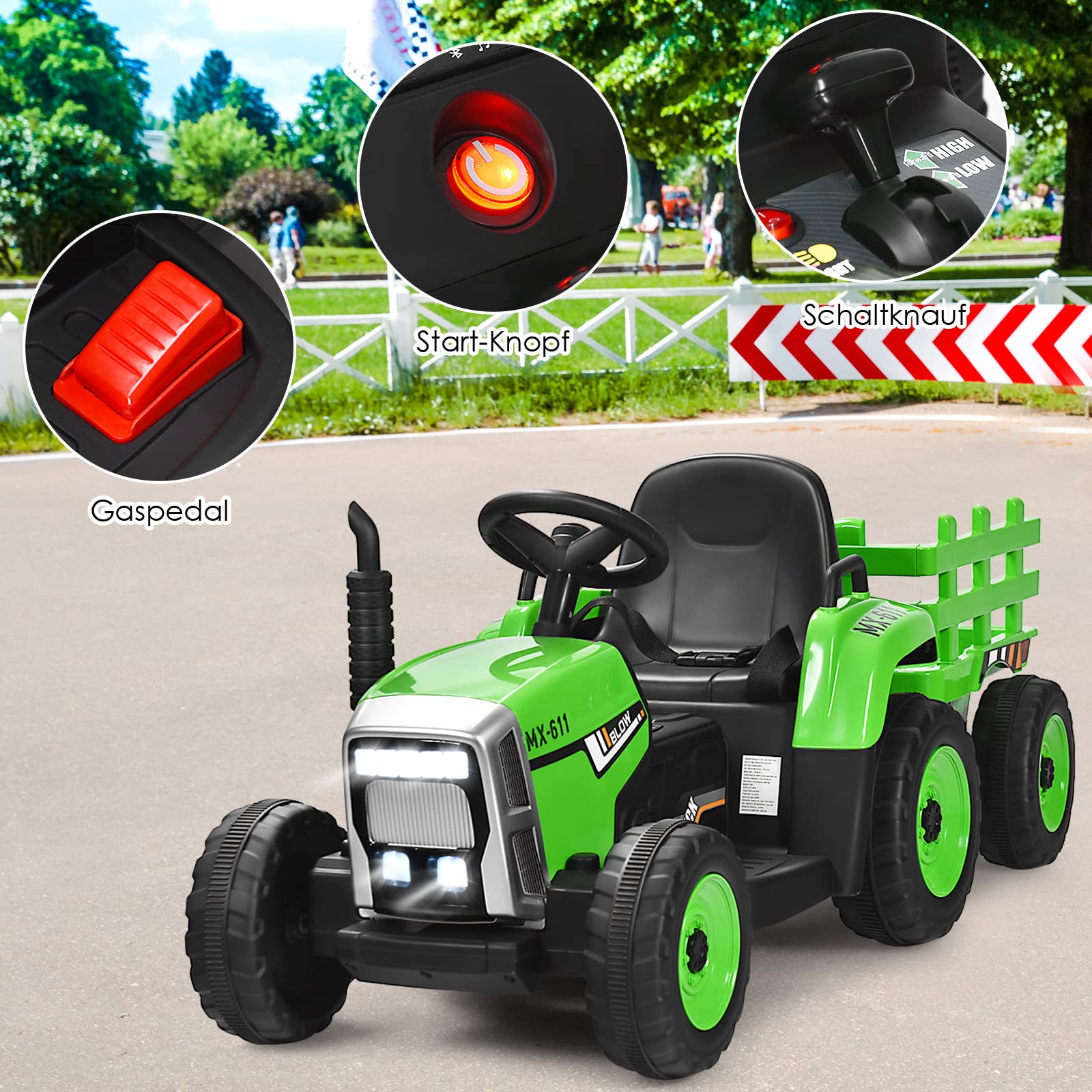 DREAMADE Traktor mit Abnehmbarem Anhänger, Elektrotraktor mit LED-Licht & Musik & Fernbedienung, Kindertraktor mit max. Tragfähigkeit von 30 kg, Aufsitztraktor für Kinder ab 3 Jahren (Grün)