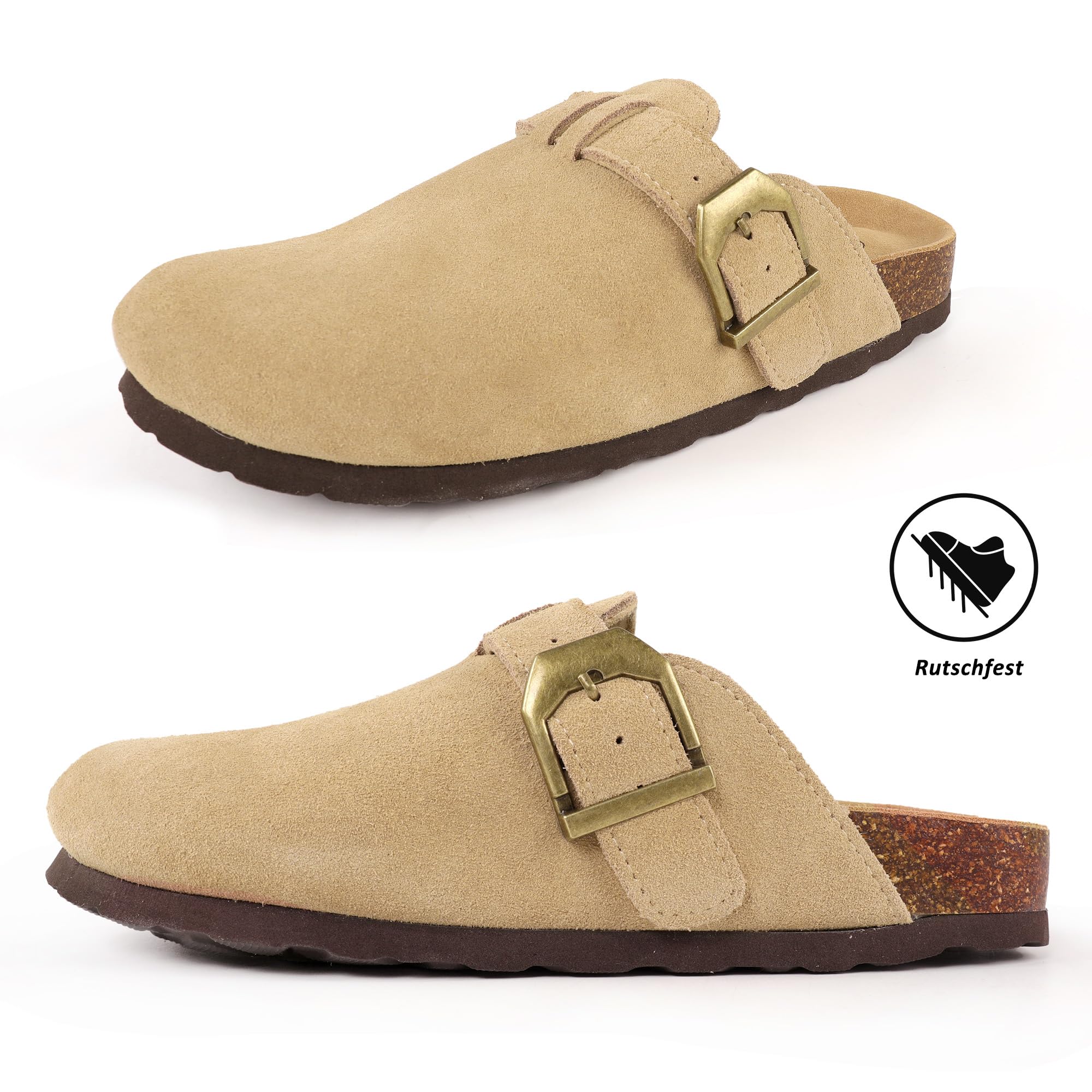 TANTOMI Damen Hausschuhe, Wildleder Unisex Clogs, Rutschfeste Hausschuhe Damen Herren leder mit Fußgewölbeunterstützung, Gartenschuhe Pantoletten Damen mit Weiches Kork Fußbett, Gr.36-42 EU