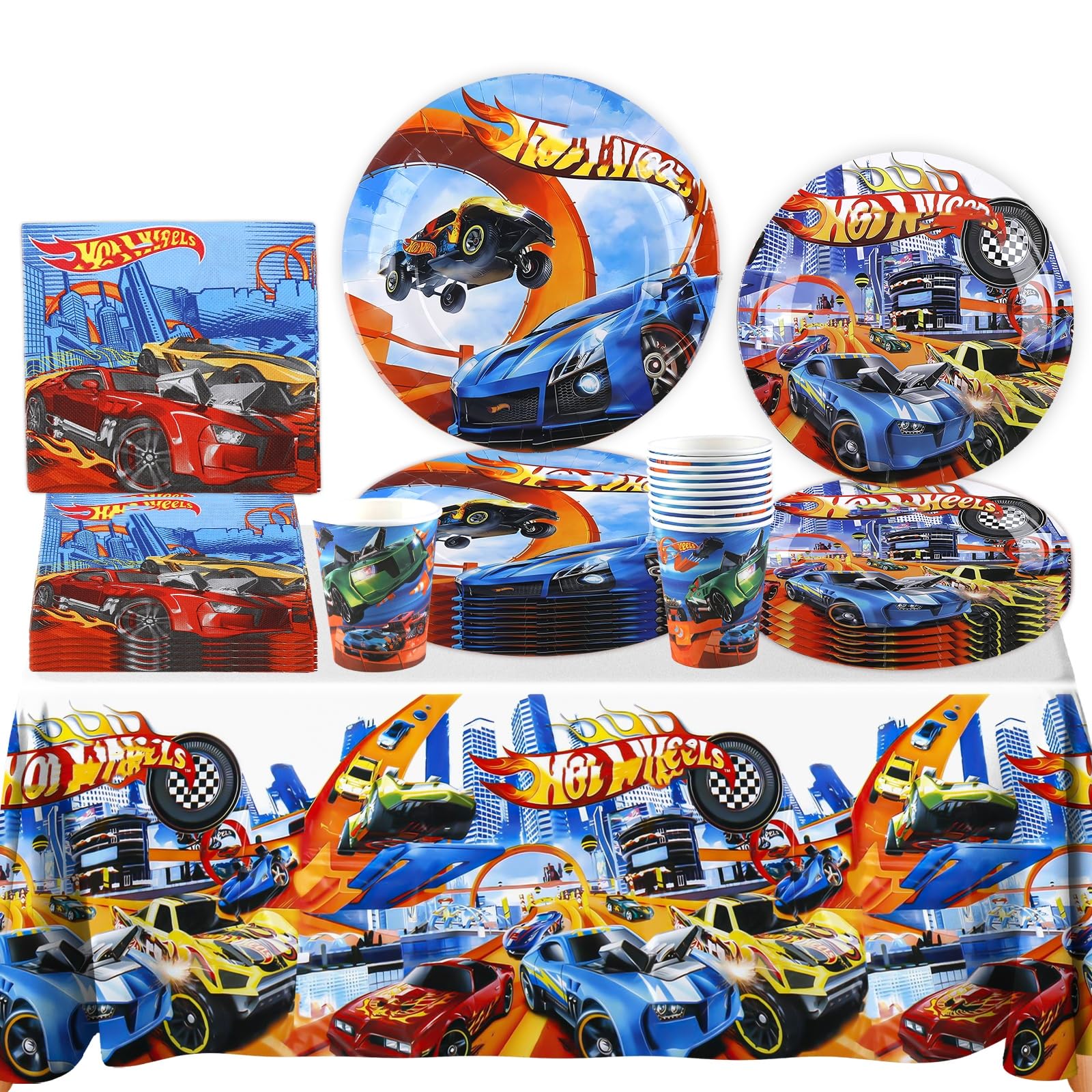 Car Party Tableware Set- 51Pcs Monster Birthday Party Decoration Wheel Kids's Tableware Racing Car Themed Party Supplies Plates Cups Napkins Tablecloth for Children Baby Showers Boys