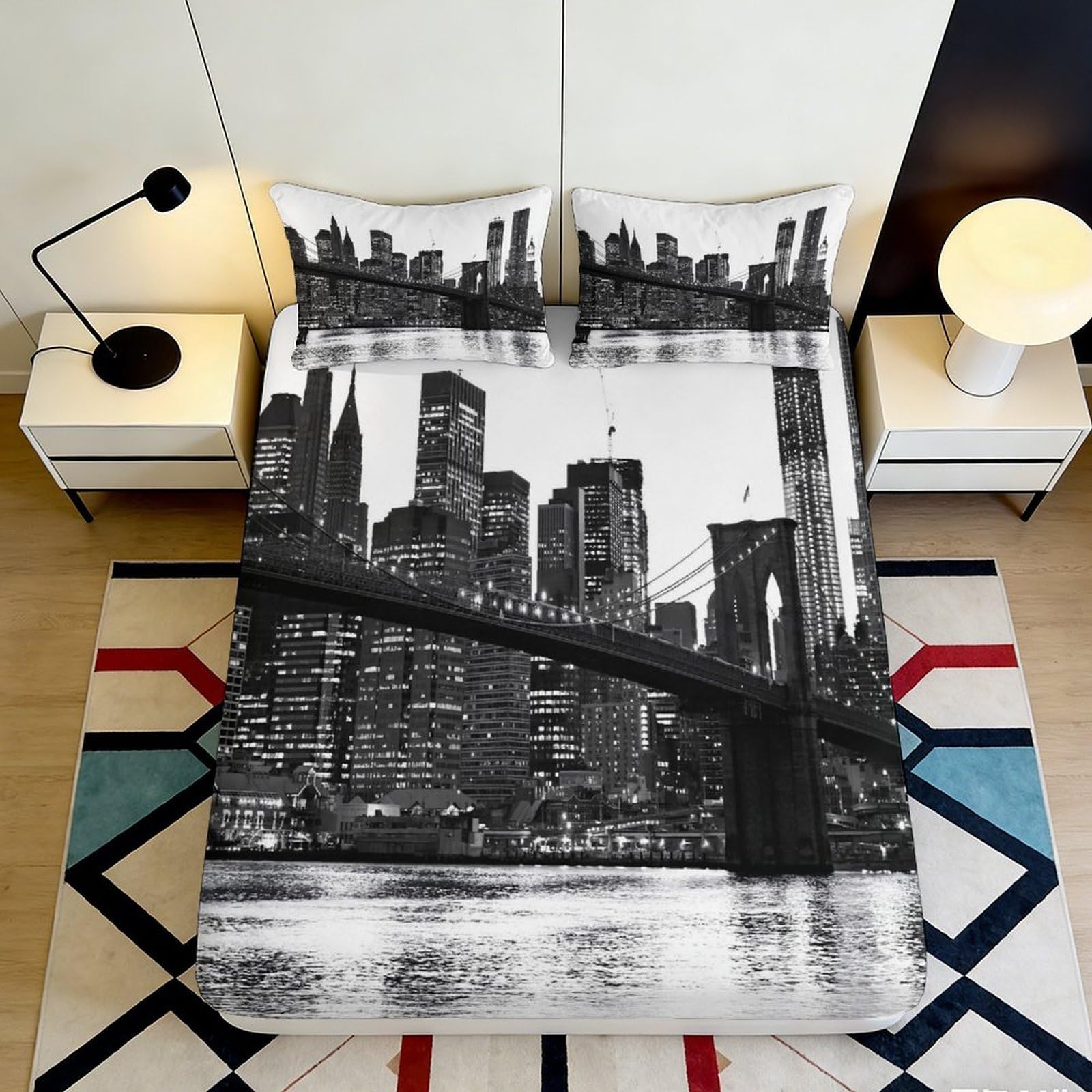 Pnayamiorkfel Style-5 3D Printed City Nightscape Fitted Sheet Microfiber Soft Black White Skyline Mattress Cover For Bedroom Guest Room Decor 90X200x25cm