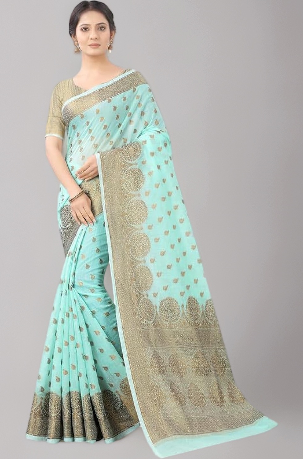 leeza store Womens Silk Cotton Golden Zari Rich Pallu Banarasi Saree With Blouse Piece