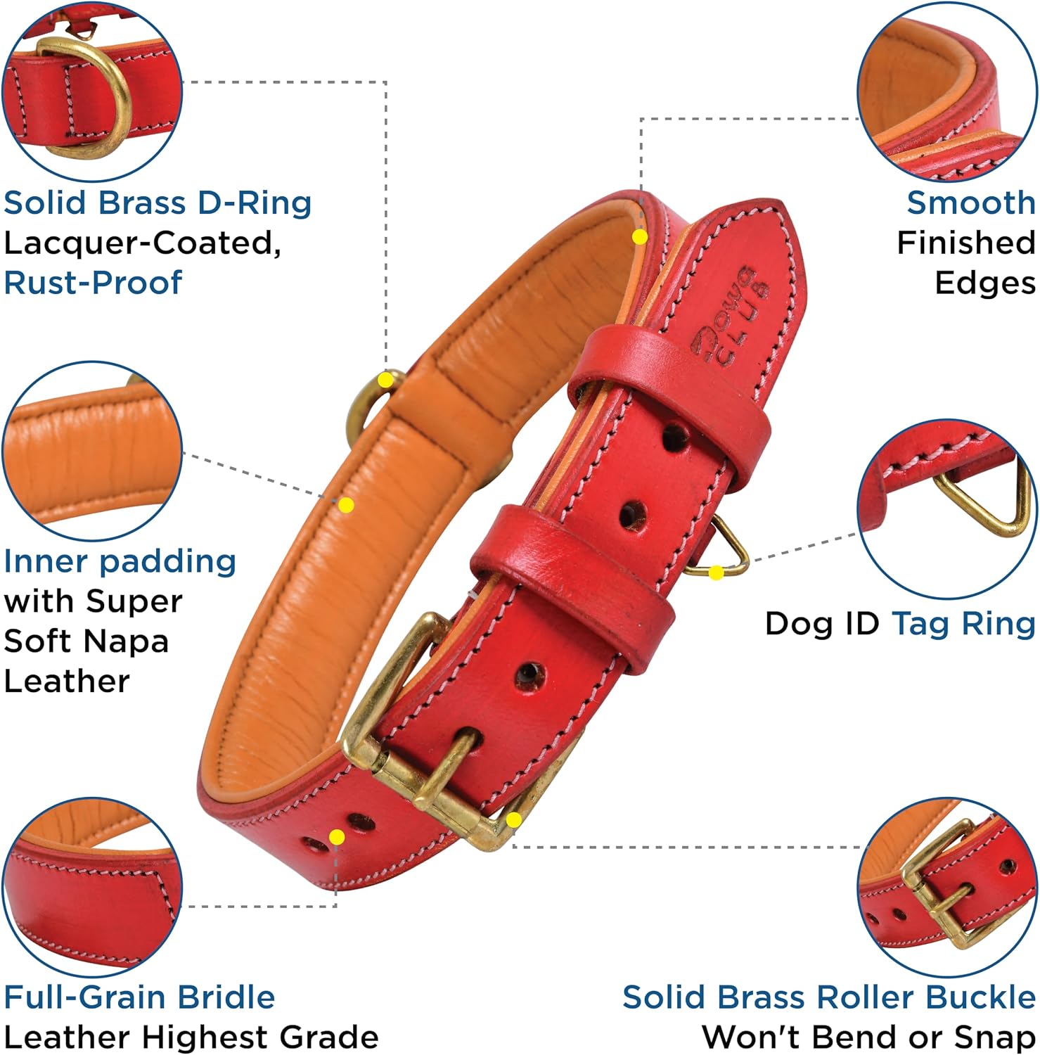 Leather Dog Collar for Medium Dogs, Red, 1 Inch Wide, Genuine Full Grain Leather, Heavy Duty with Soft Inner Padding, Comfortable and Durable (Medium (Fit Neck Size 14.5"-18.5"), Red)