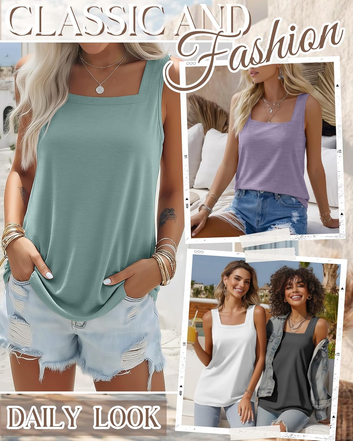 Riyiper 4 Pack Summer Women's Tank Tops Multipack Sleeveless Shirts Loose Fit Square Neck Tanks - Image 4