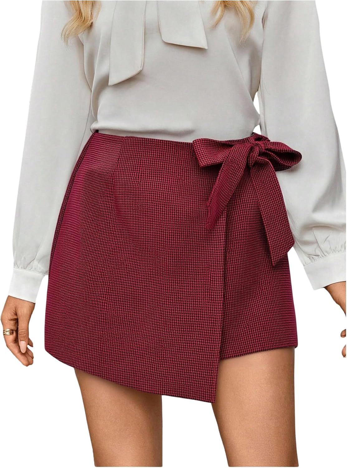 Floerns Women's Houndstooth Print Tie Front Skorts Asymmetrical Hem High Waist Skirt Shorts