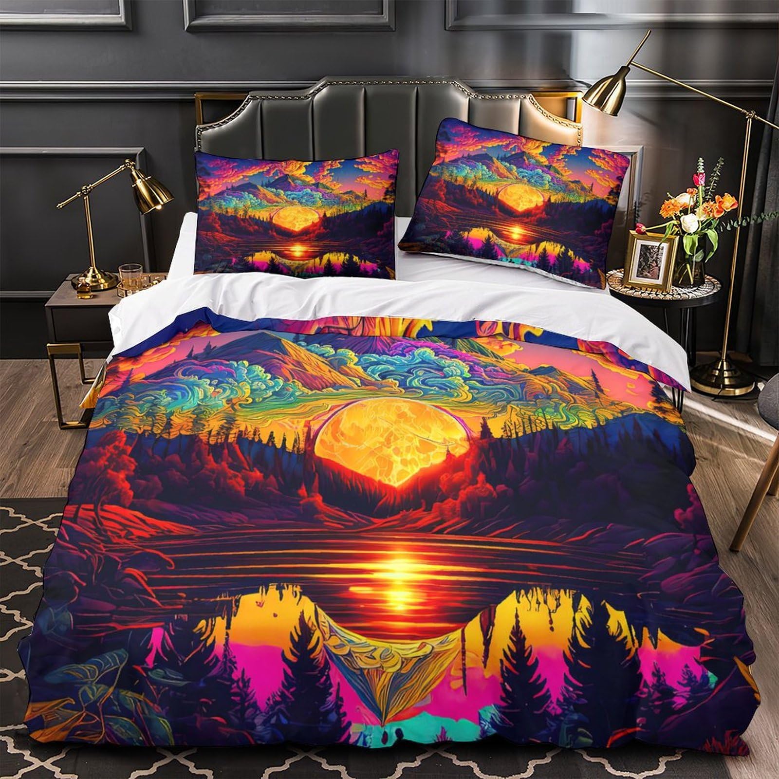 Housse de couette 3D montagne vibrante en microfibre douce 135x200cm pour lit simple