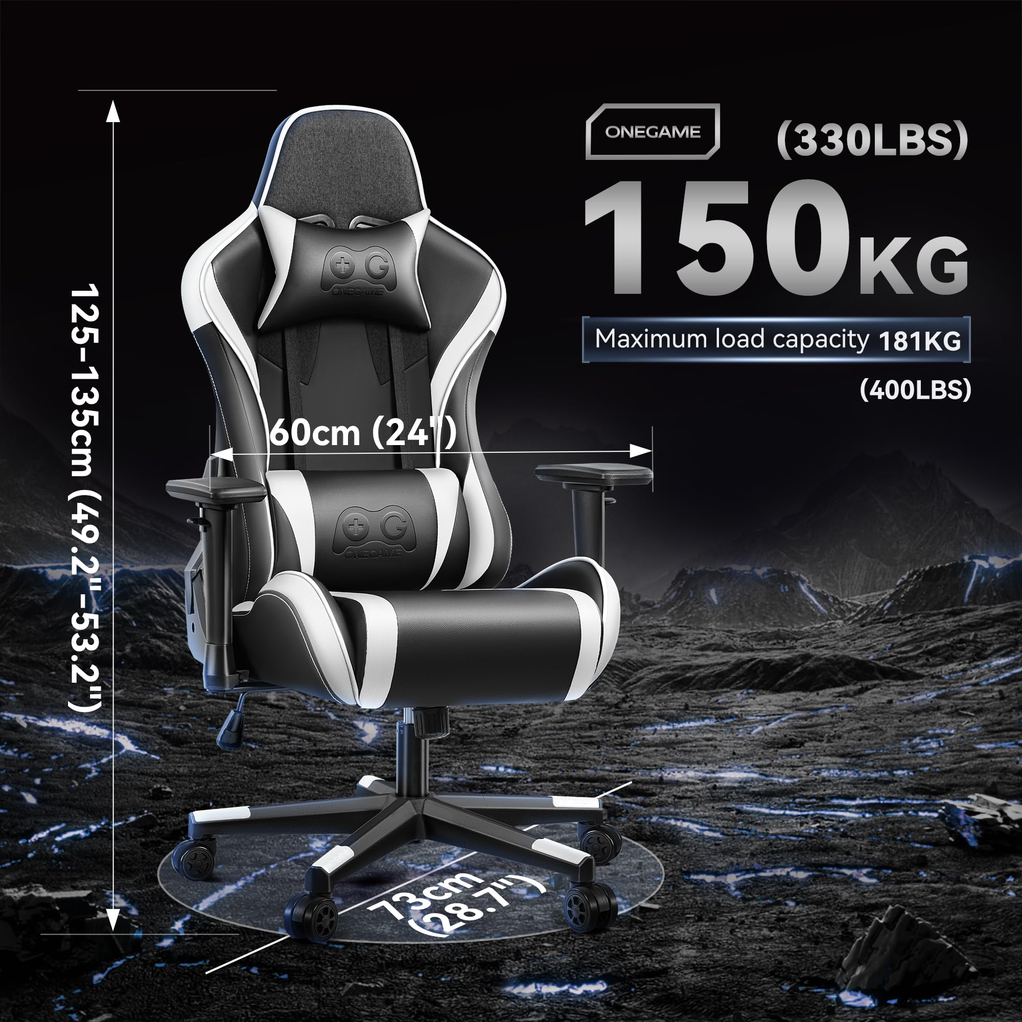 OneGame Sedia Gaming, 3D Braccioli Ergonomico Sedia da Gioco per Computer, Ufficio Regolabile in Altezza, Girevole con Cchienale Regolabile 155°, Bianco