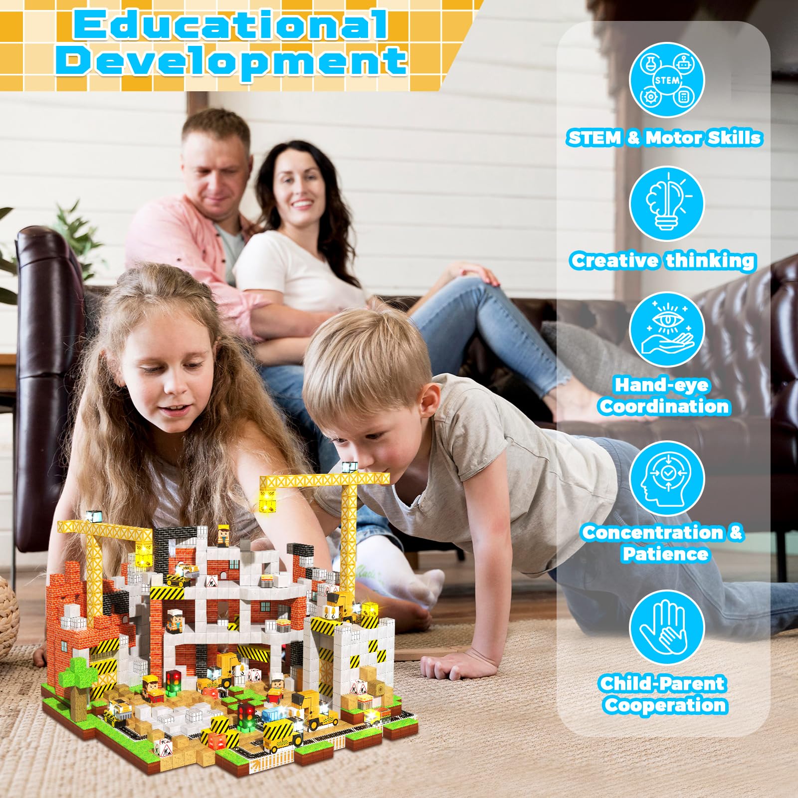 Goody King Costruzioni Magnetiche per Bambini 200 Pezzi Cantiere - Città in Costruzione Creativa con Veicoli e Segnali, Giocattolo Educativo con Magnetic Blocks Regalo per Bambini 4-12 Anni
