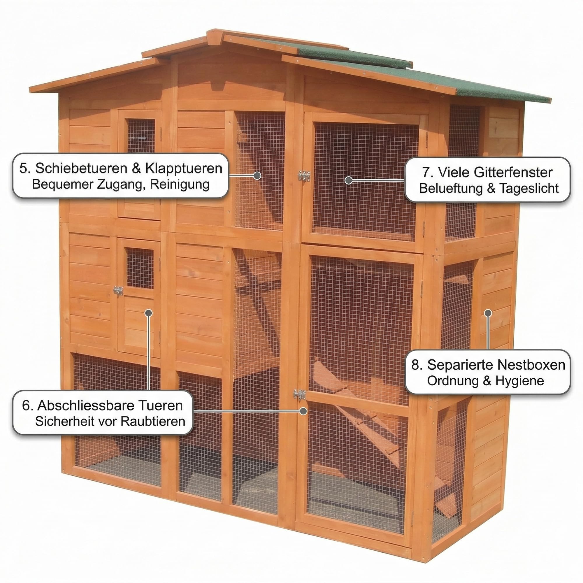 Mucola Hasenstall mit Freilaufgehege 171x80x166 cm Kleintiergehege Holz inklusive 2 Rampen Kleintierhaus Hühnerstall 2 Nestboxen (4 Nistplätze) Hühnervoliere